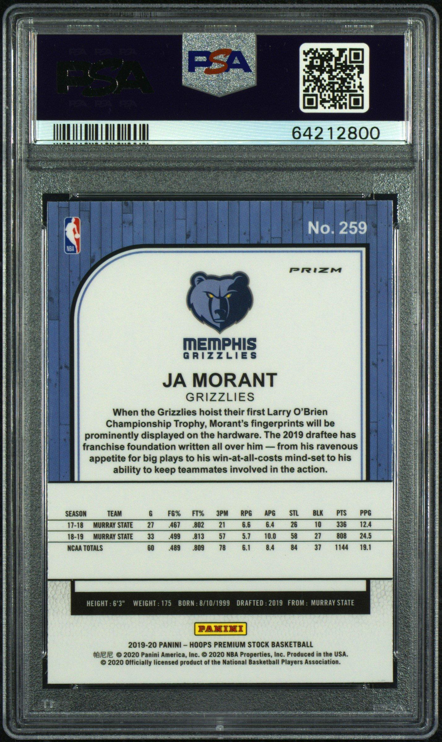 2019 Panini Hoops Premium Stock 259 Ja Morant Silver Laser PSA 10