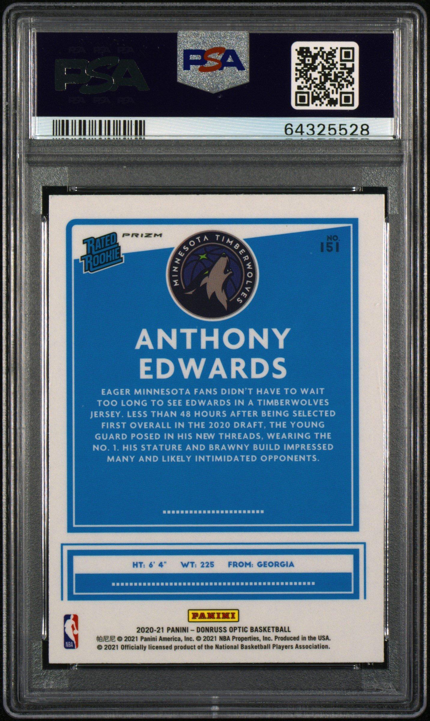 2020 Panini Donruss Optic 151 Anthony Edwards Purple Shock PSA 9