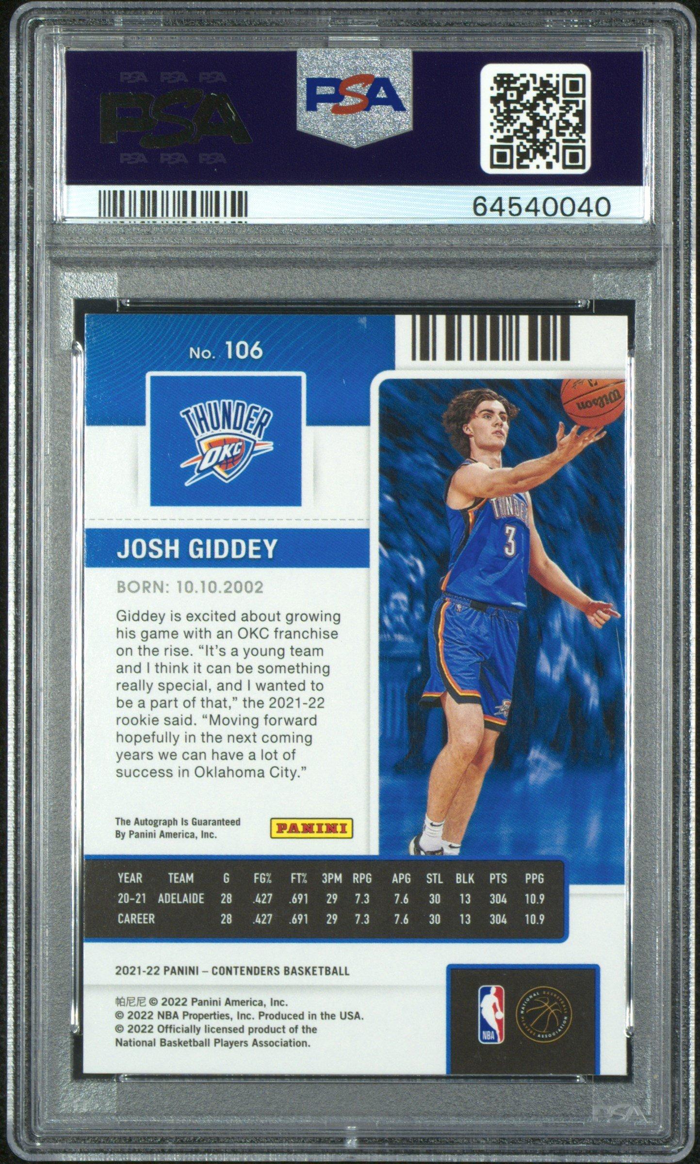 2021 Panini Contenders 106 Josh Giddey Autograph-75th Anniversary PSA 9