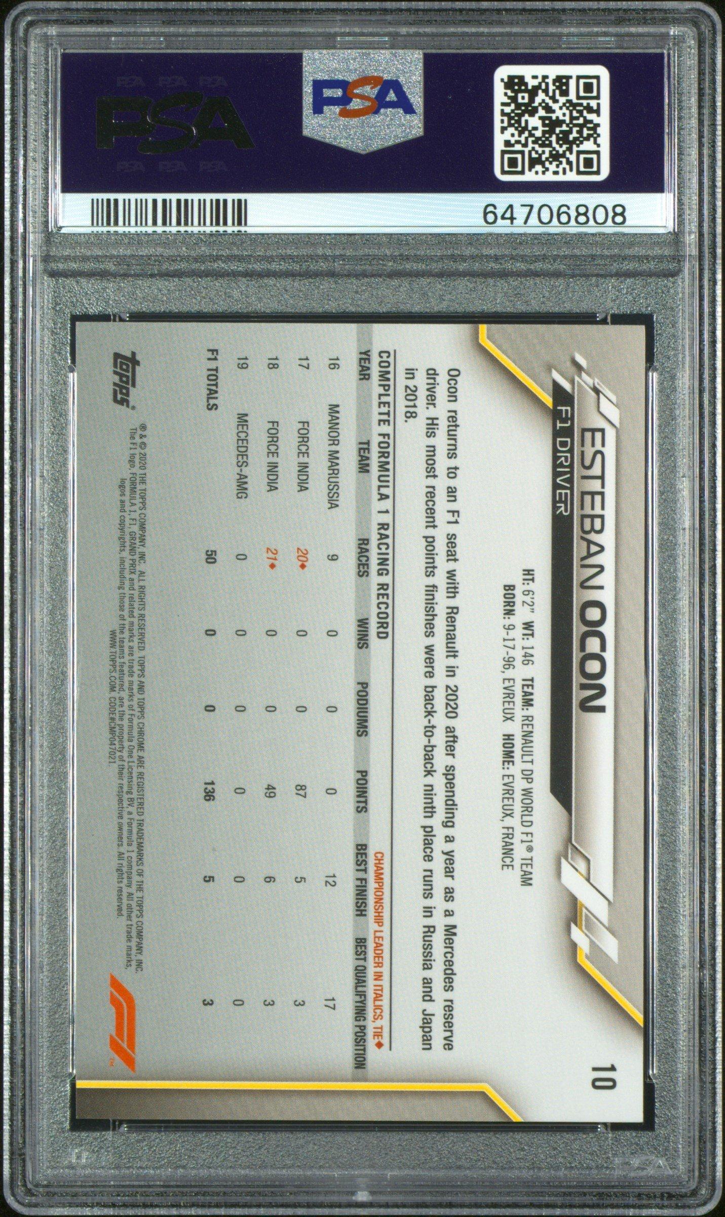2020 Topps Chrome Formula 1 Sapphire Edition 10 Esteban Ocon PSA 10