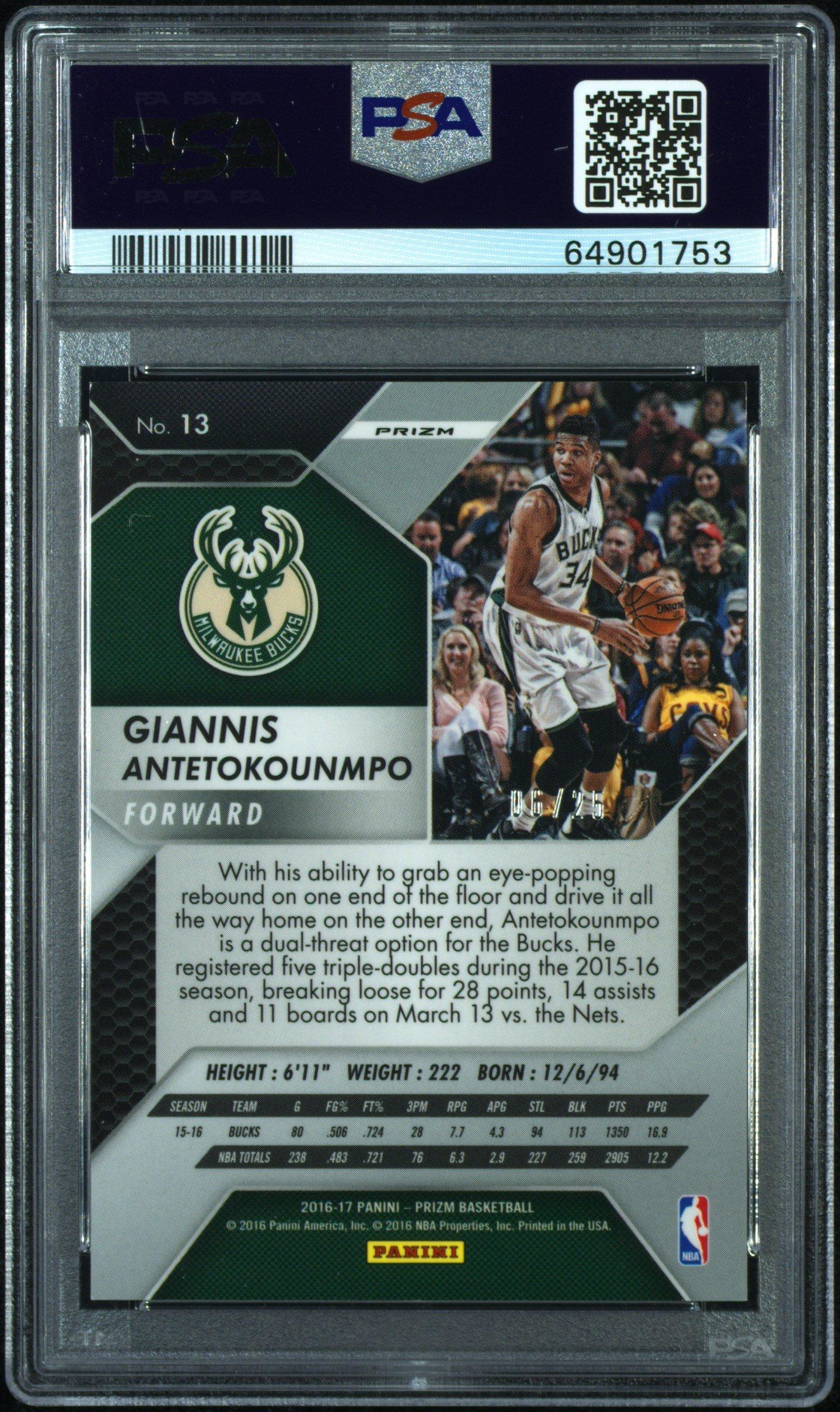 2016 Panini Prizm 13 Giannis Antetokounmpo Teal Wave Prizm PSA 10