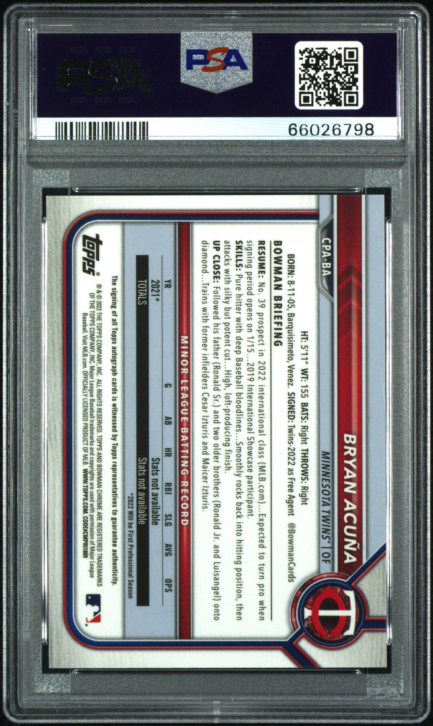 2022 Bowman Chrome Prospect Autographs Cpaba Bryan Acuna Purple Refractor PSA 10