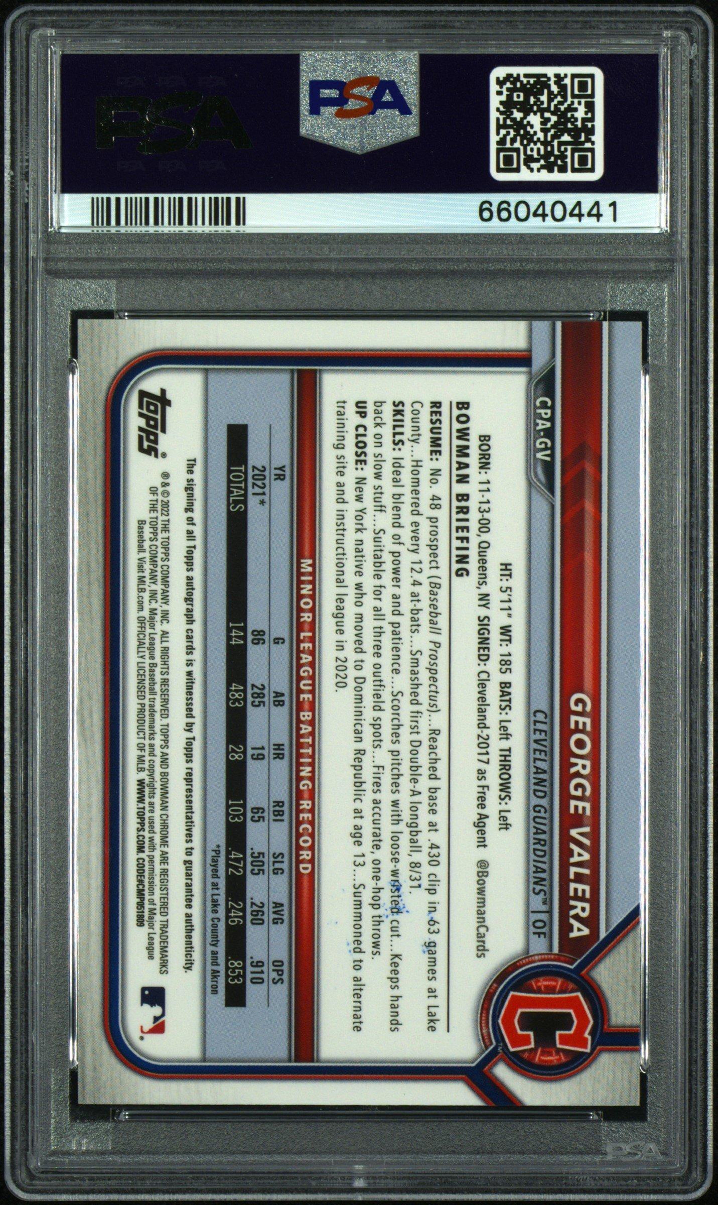 2022 Bowman Chrome Prospect Autographs Cpagv George Valera PSA