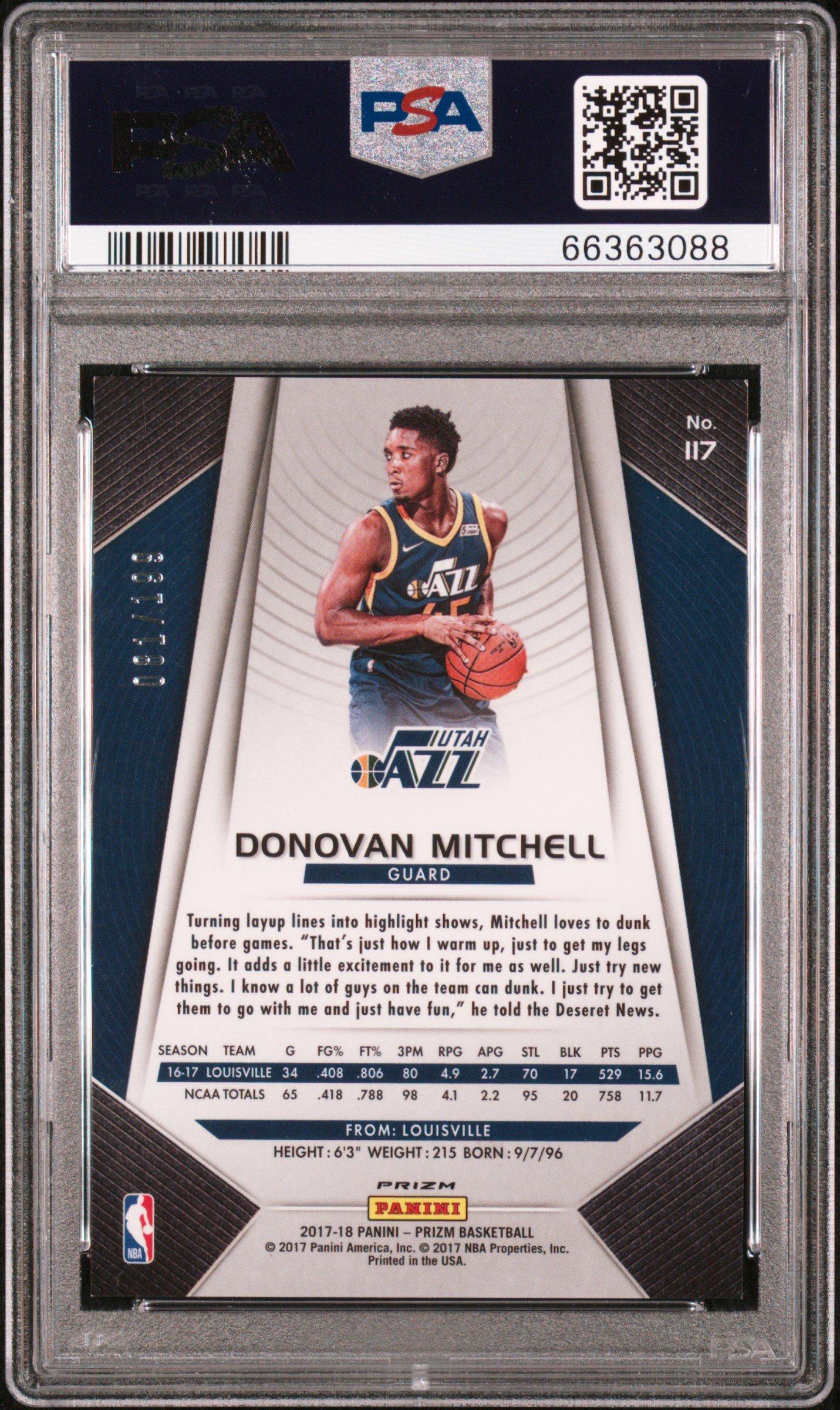2017 Panini Prizm 117 Donovan Mitchell Blue Prizm PSA 9