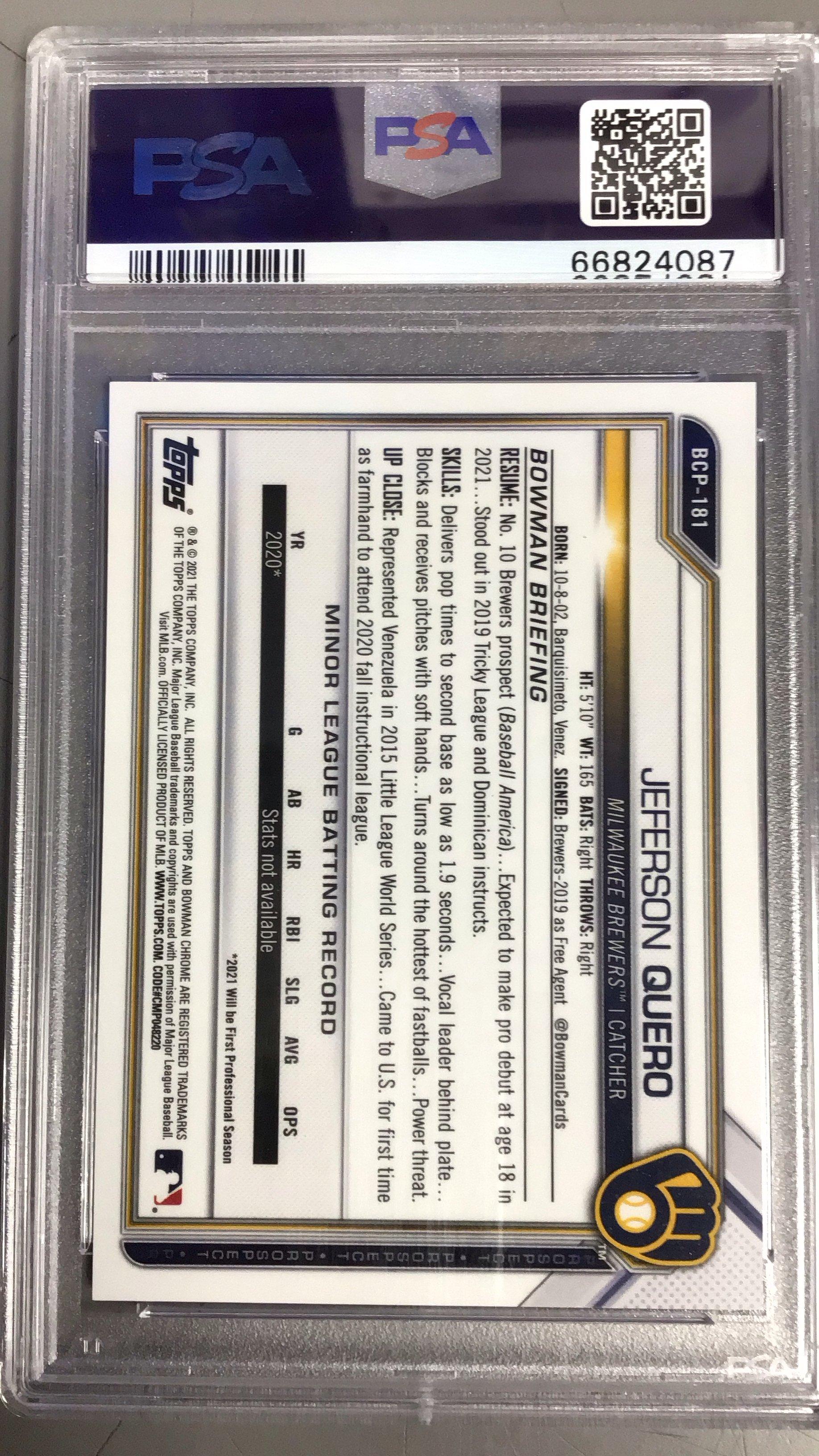 2021 Bowman Chrome Mega Box 181 Jeferson Quero Purple Refractor PSA 10