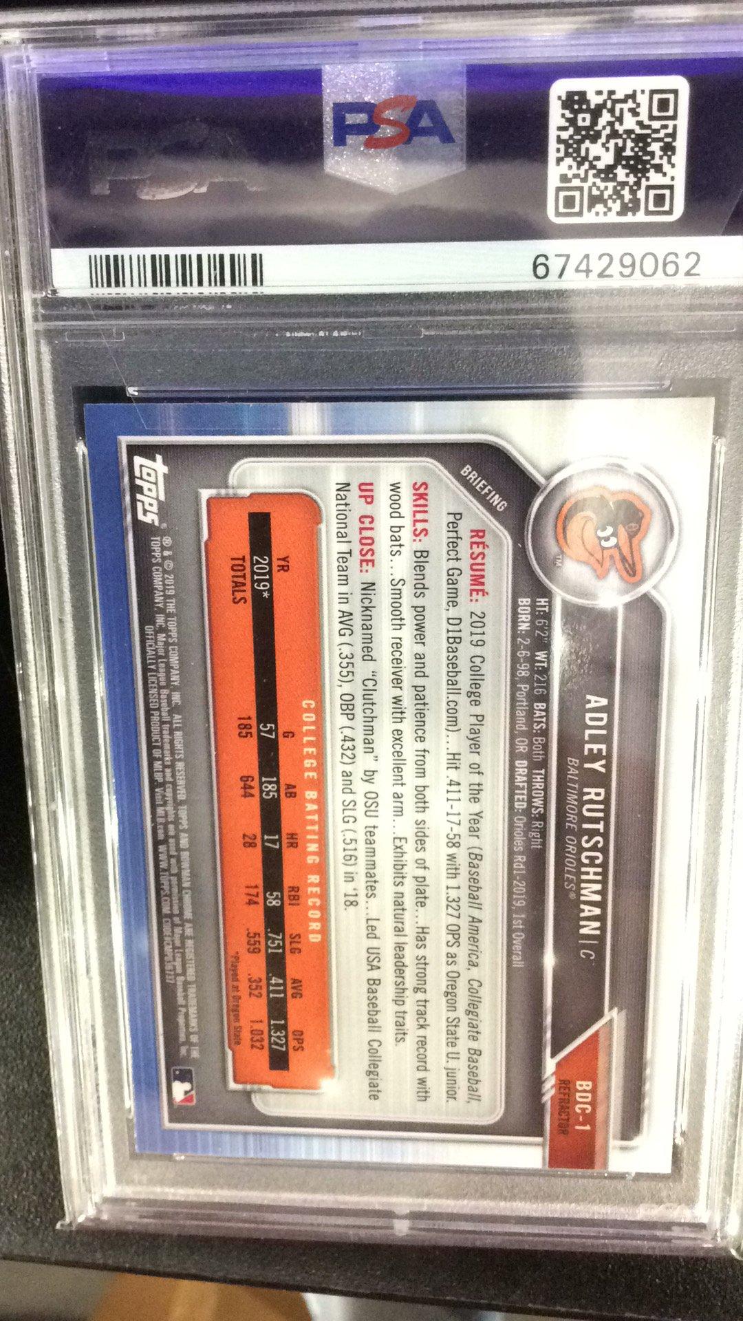 2019 Bowman Draft Bdc1 Adley Rutschman Chrome-batting-refractor PSA 10