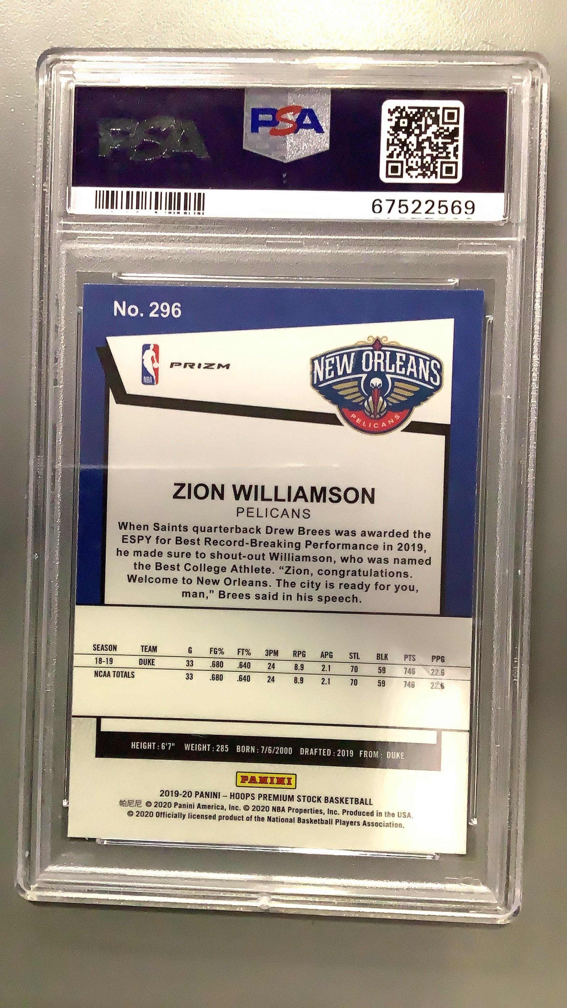 2019 Panini Hoops Premium Stock 296 Zion Williamson Silver Prizm PSA 10