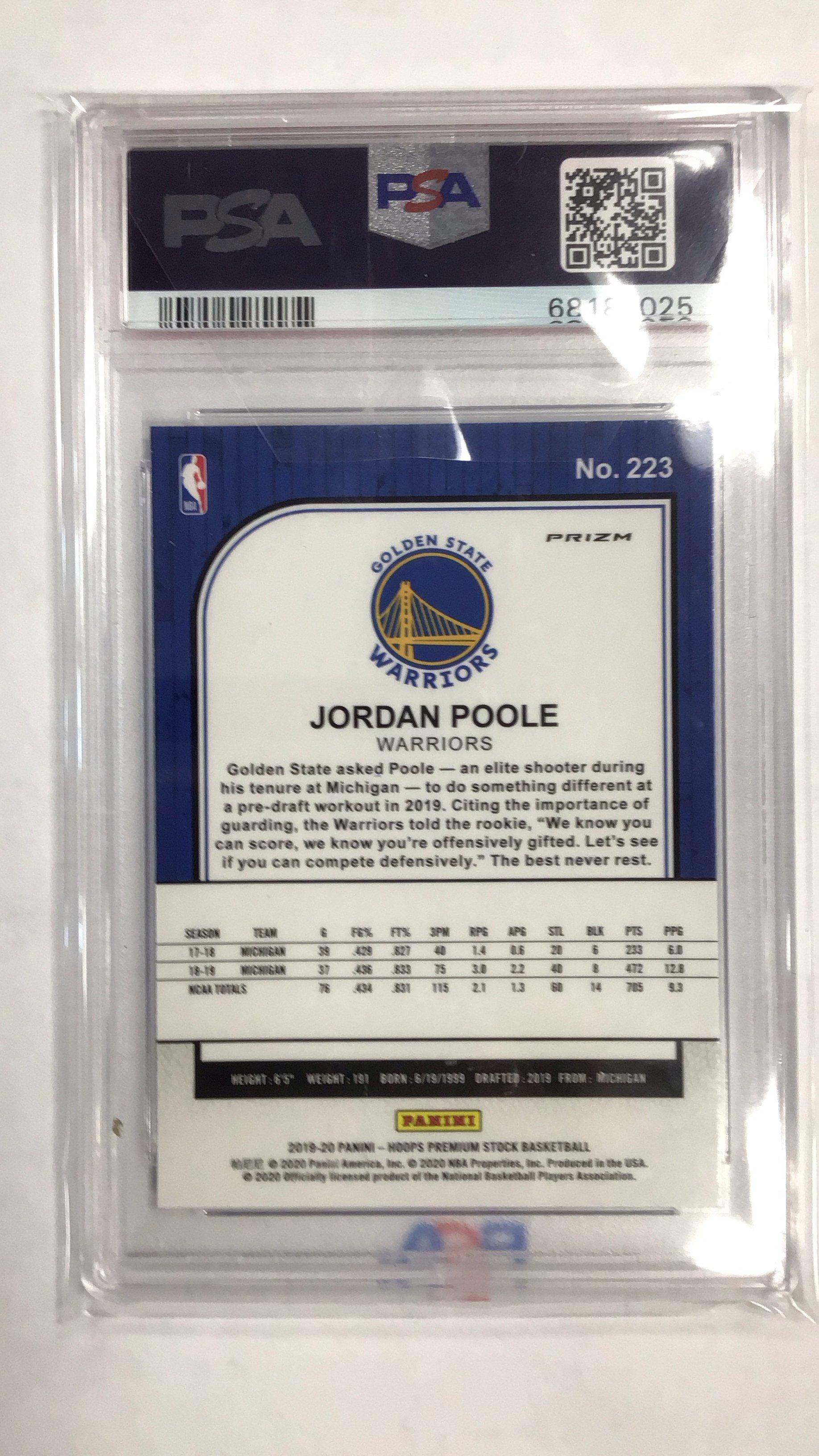 2019 Panini Hoops Premium Stock 223 Jordan Poole Blue Prizm PSA 10