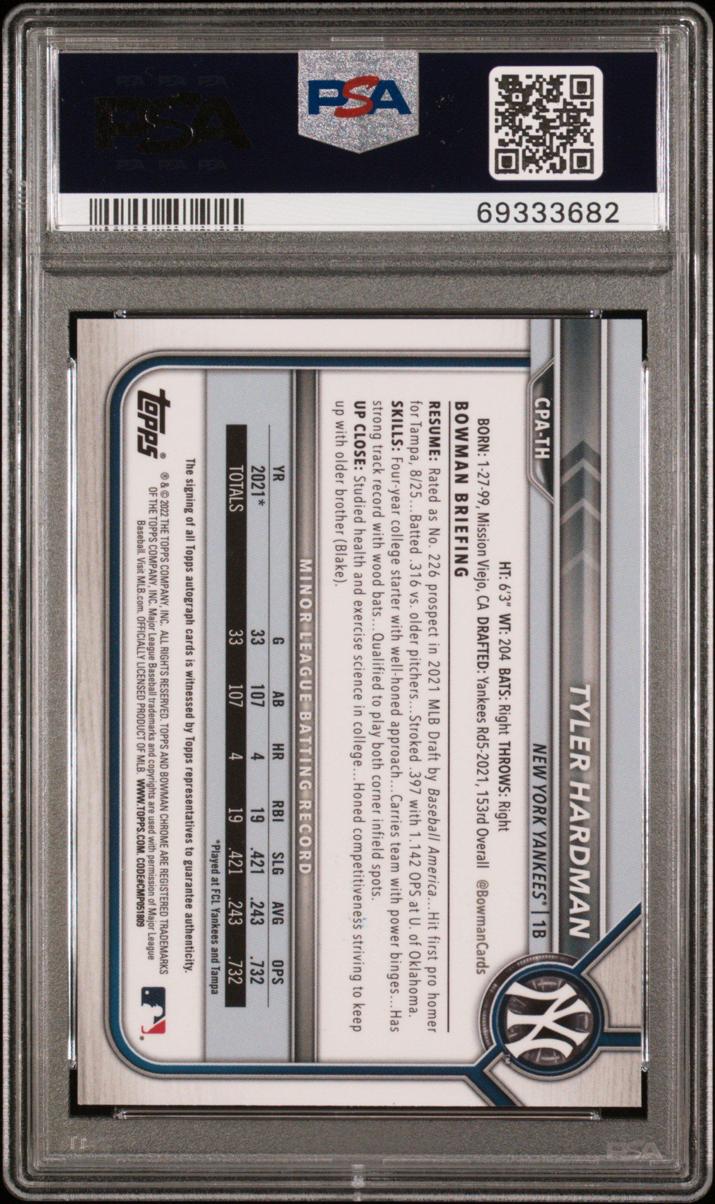 2022 Bowman Chrome Prospect Autographs Cpath Tyler Hardman PSA 9