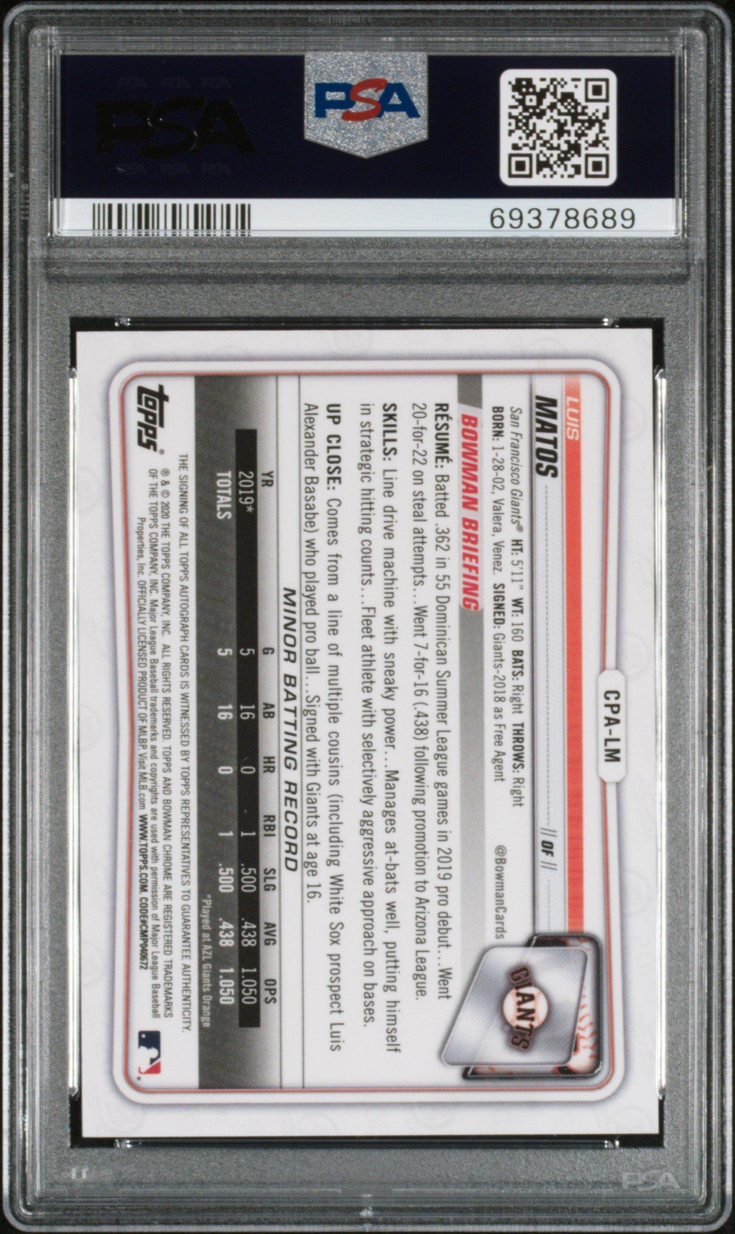 2020 Bowman Chrome Prospect Autographs Cpalm Luis Matos PSA 10