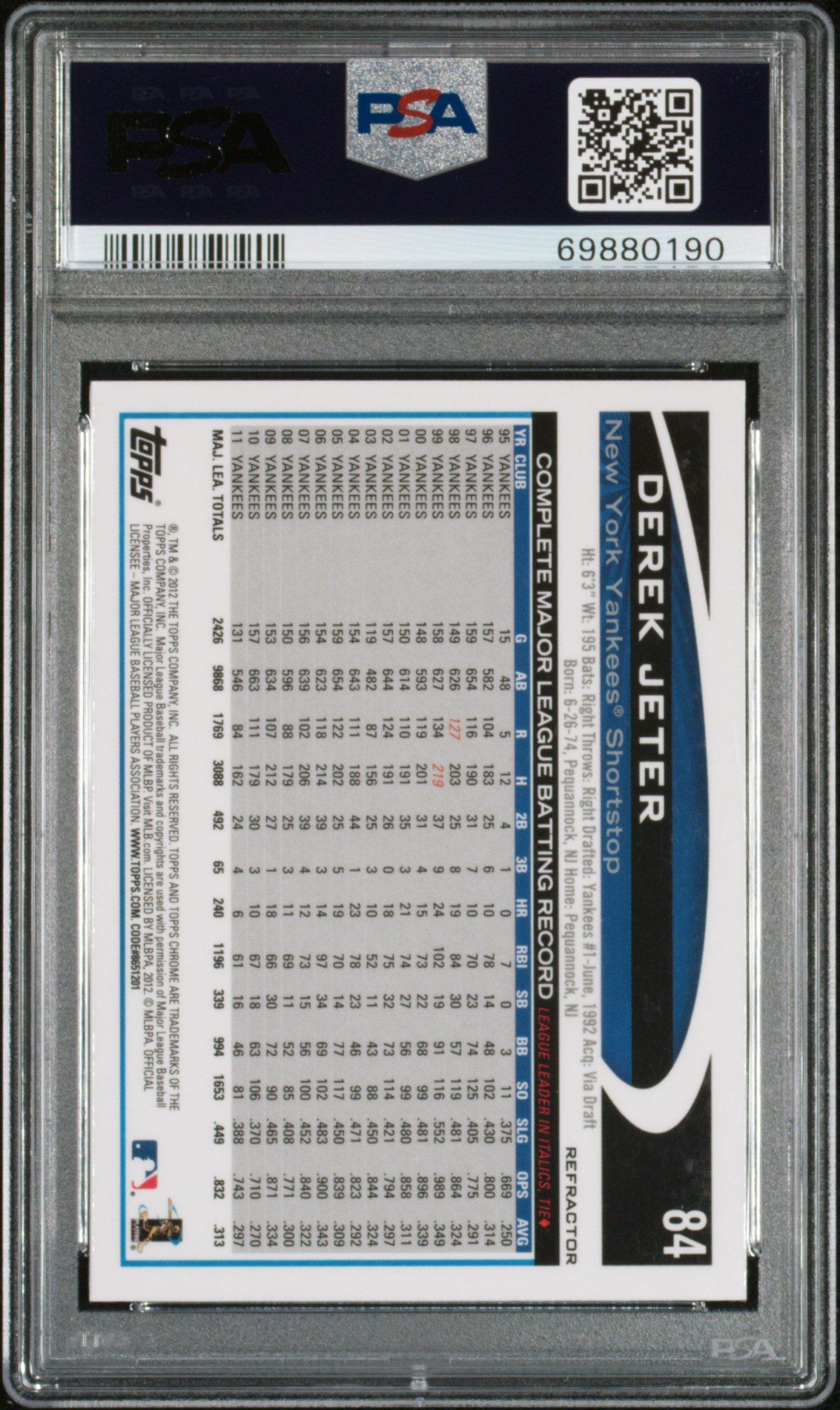 2012 Topps Chrome 84 Derek Jeter PSA 10
