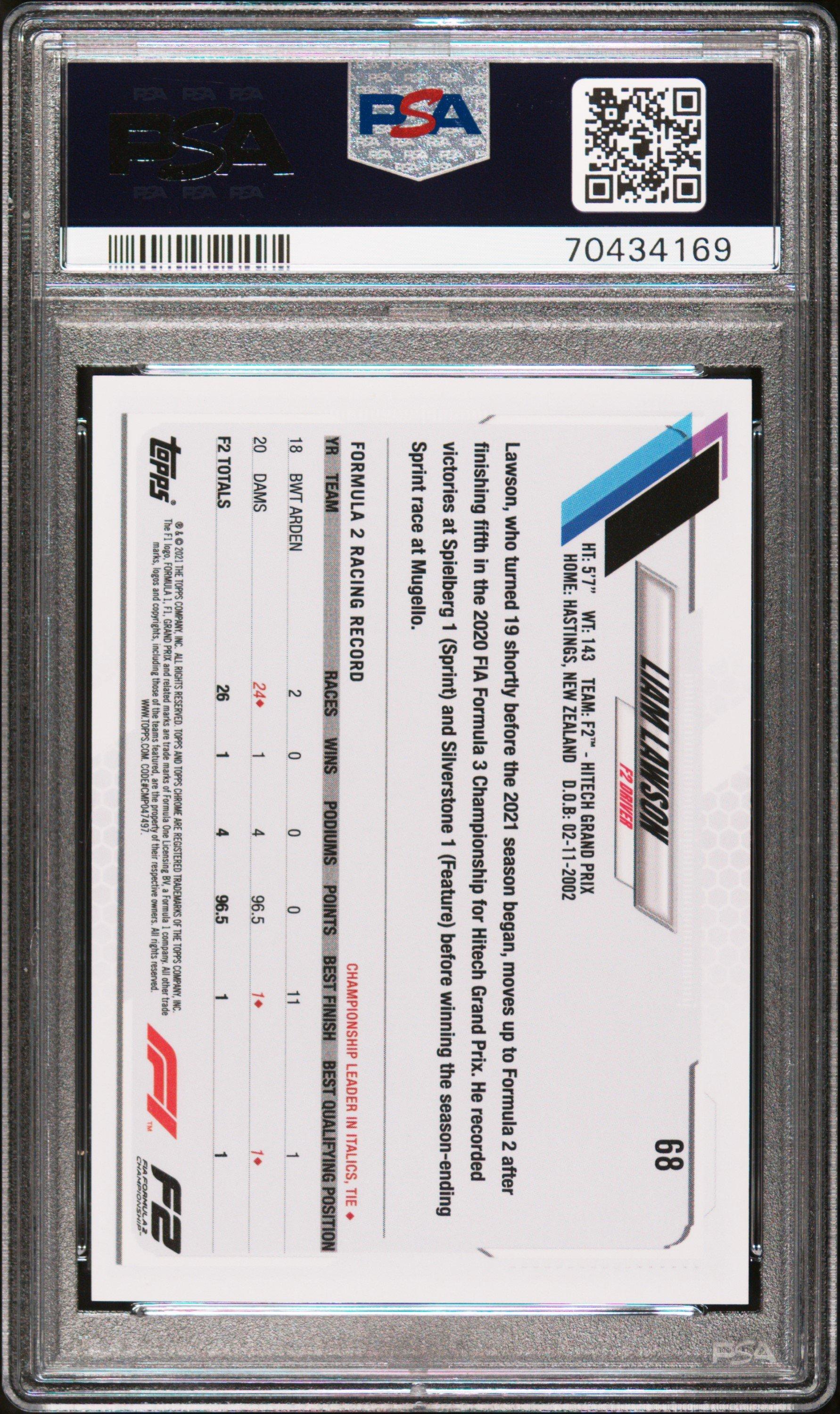 2021 Topps Chrome Formula 1 68 Liam Lawson Red/green Refractor PSA 10