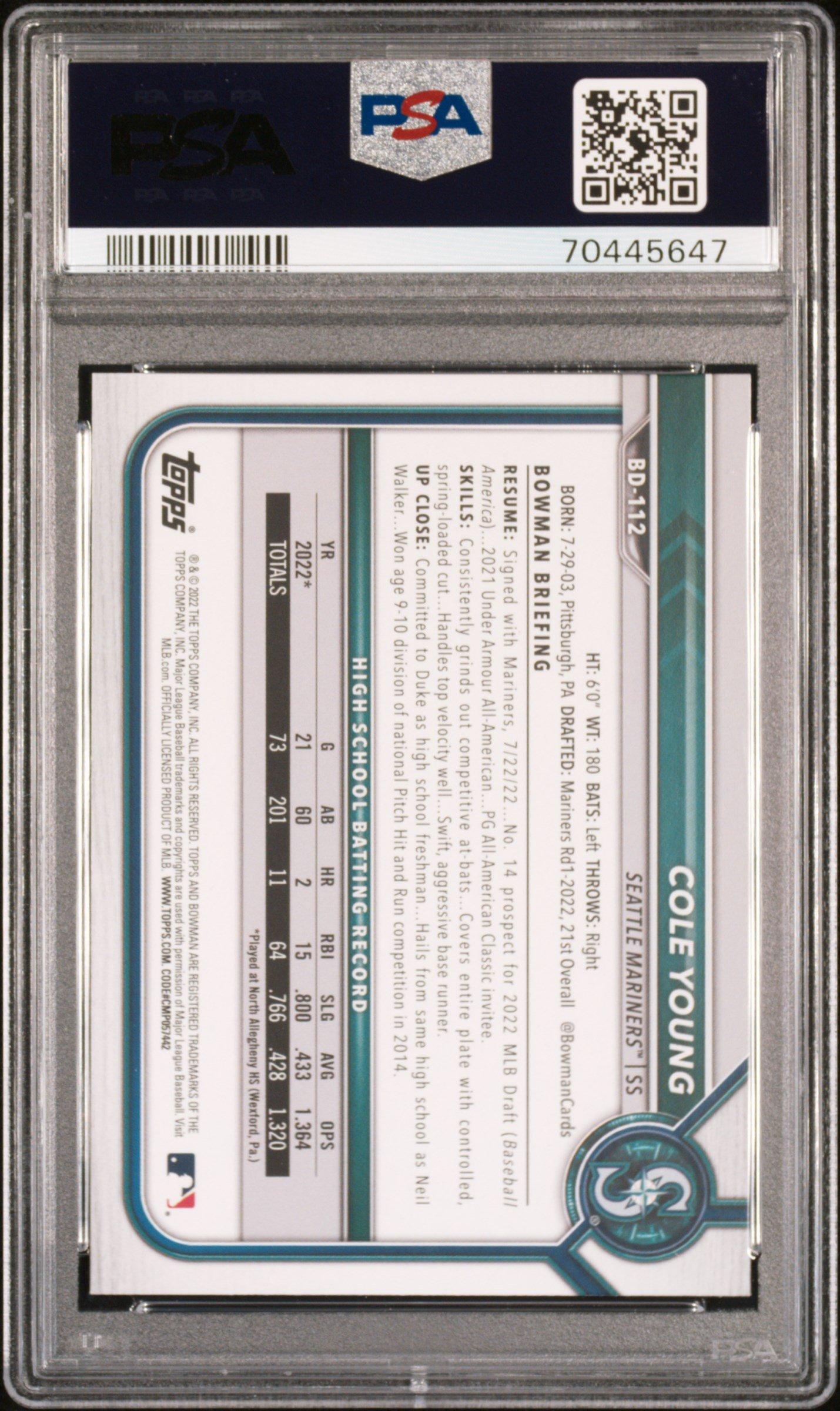 2022 Bowman Draft 1st Edition 112 Cole Young PSA 10