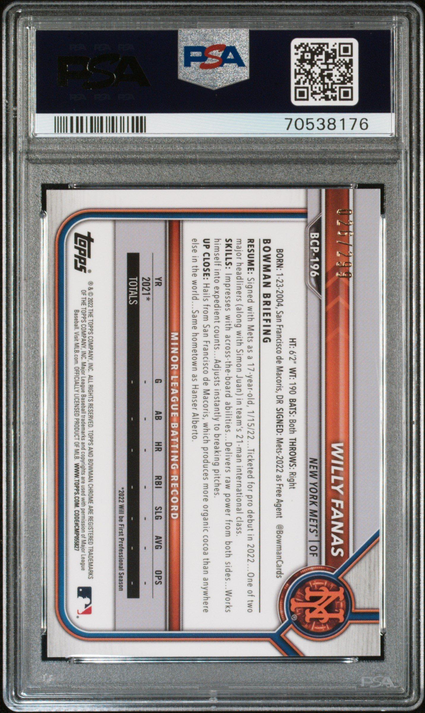 2022 Bowman Chrome Prospects Bcp196 Willy Fanas Speckle Refractor PSA 8
