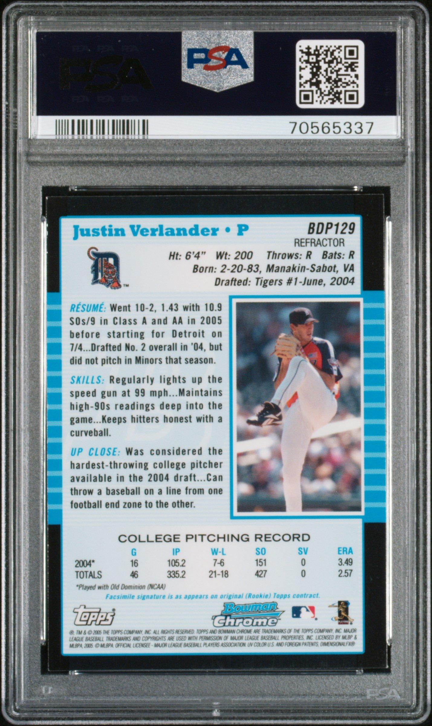 2005 Bowman Chrome Draft Picks 129 Justin Verlander Refractor PSA 9