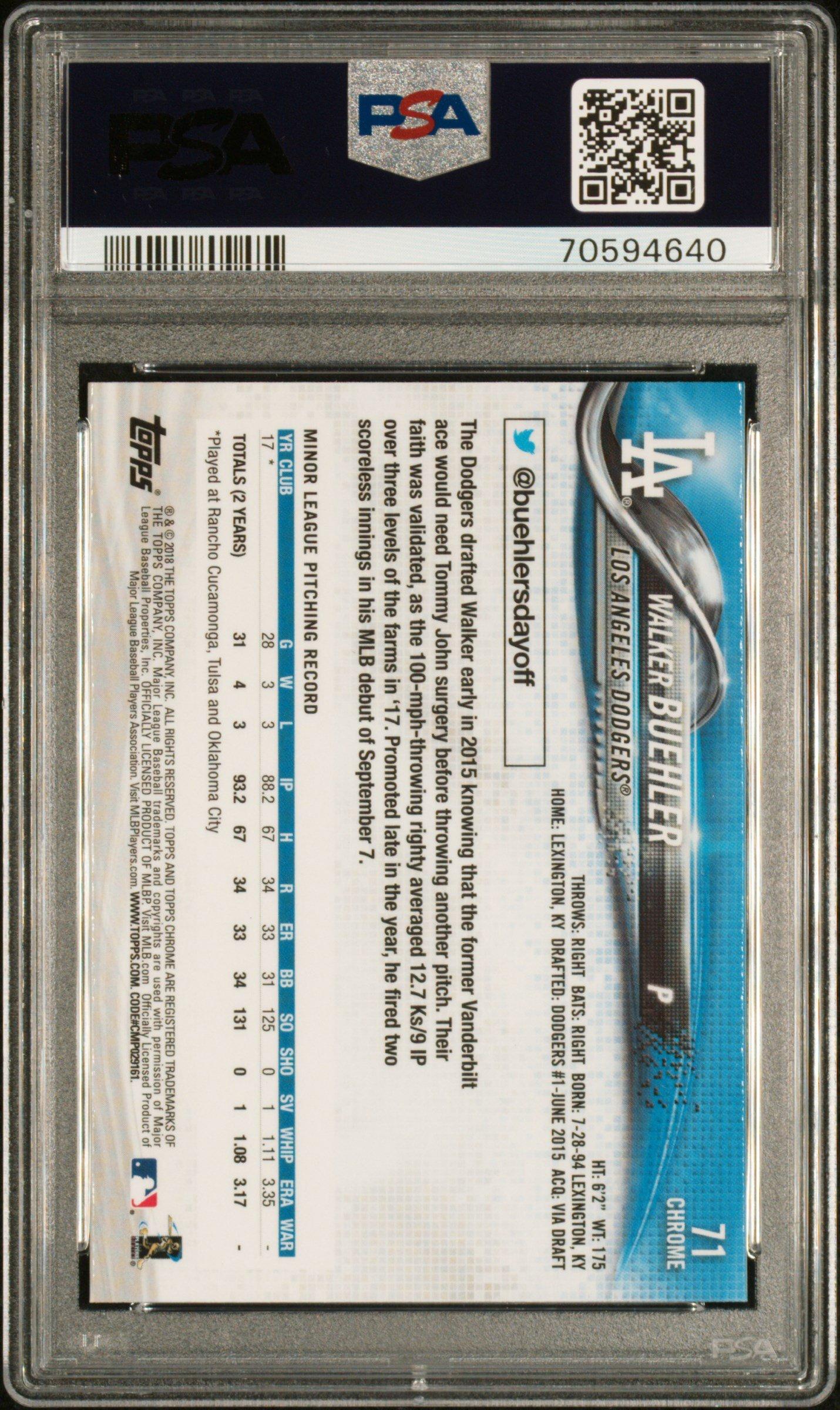 2018 Topps Chrome 71 Walker Buehler Prism Refractor PSA 9