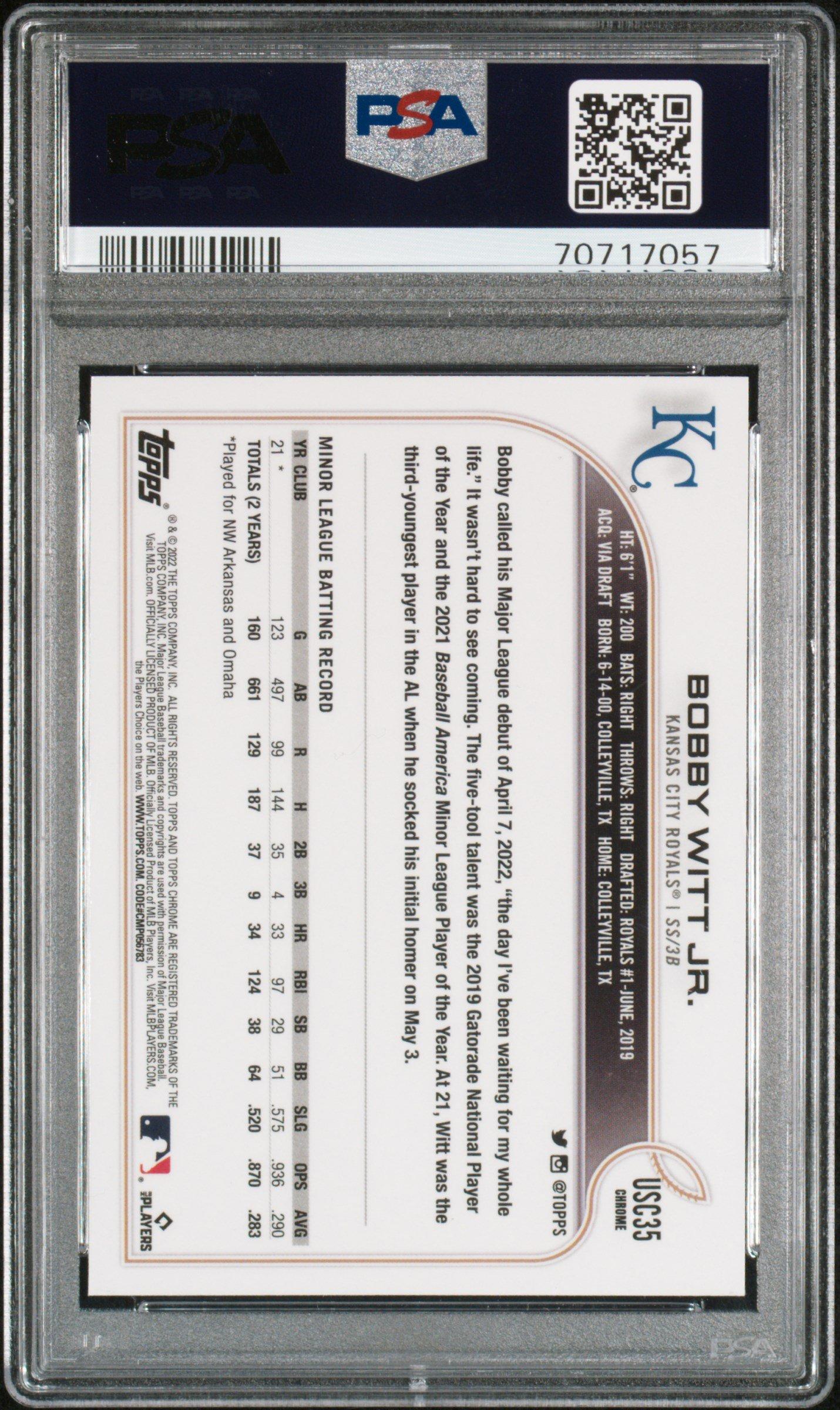 2022 Topps Chrome Update Usc35 Bobby Witt Jr. Purple Refractor PSA 9