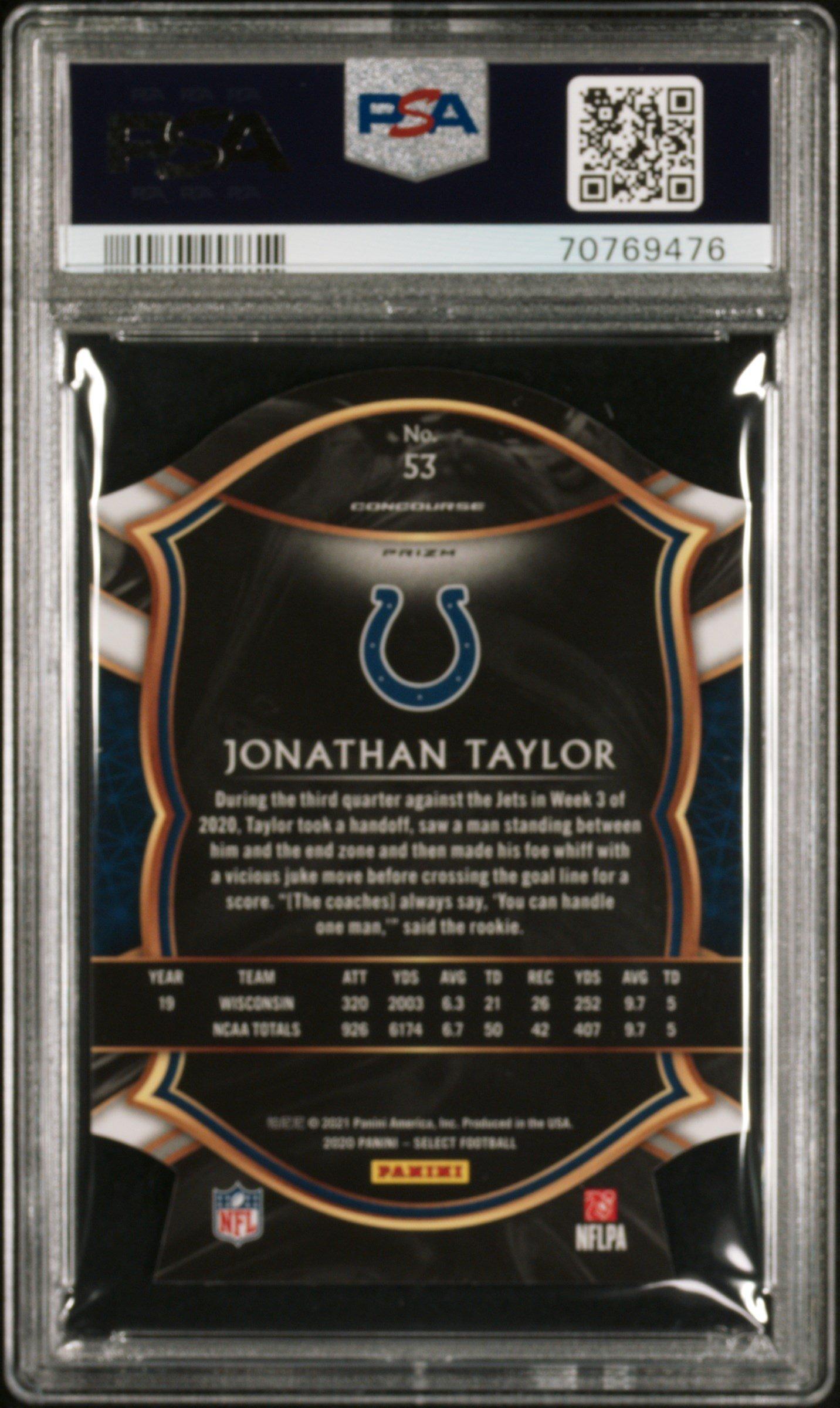 2020 Panini Select 53 Jonathan Taylor Die-cut Blue Prizm PSA 10