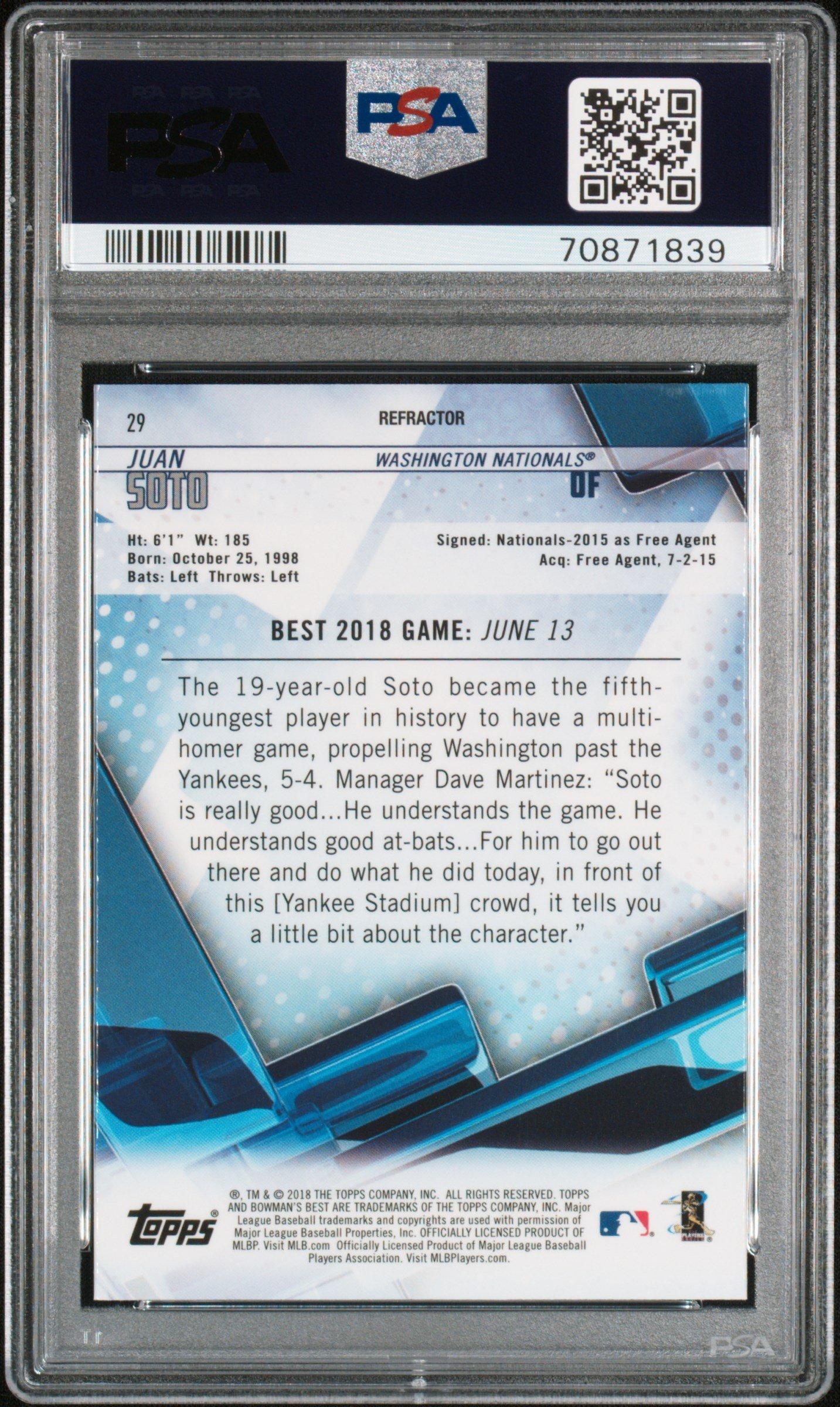 2018 Bowman's Best 29 Juan Soto Refractor PSA 10