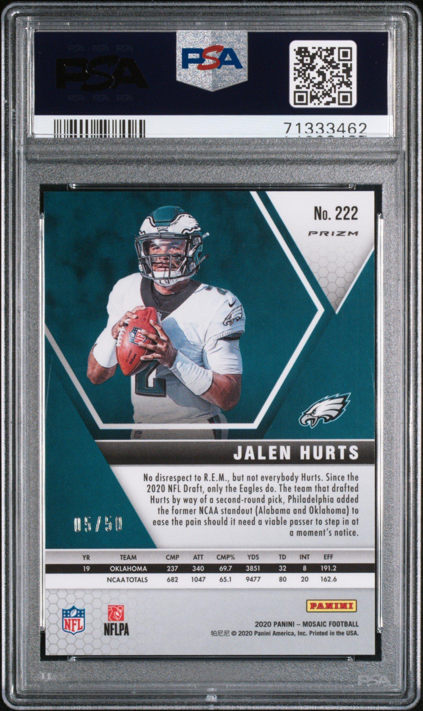 2020 Panini Mosaic 222 Jalen Hurts No Huddle Purple PSA 10