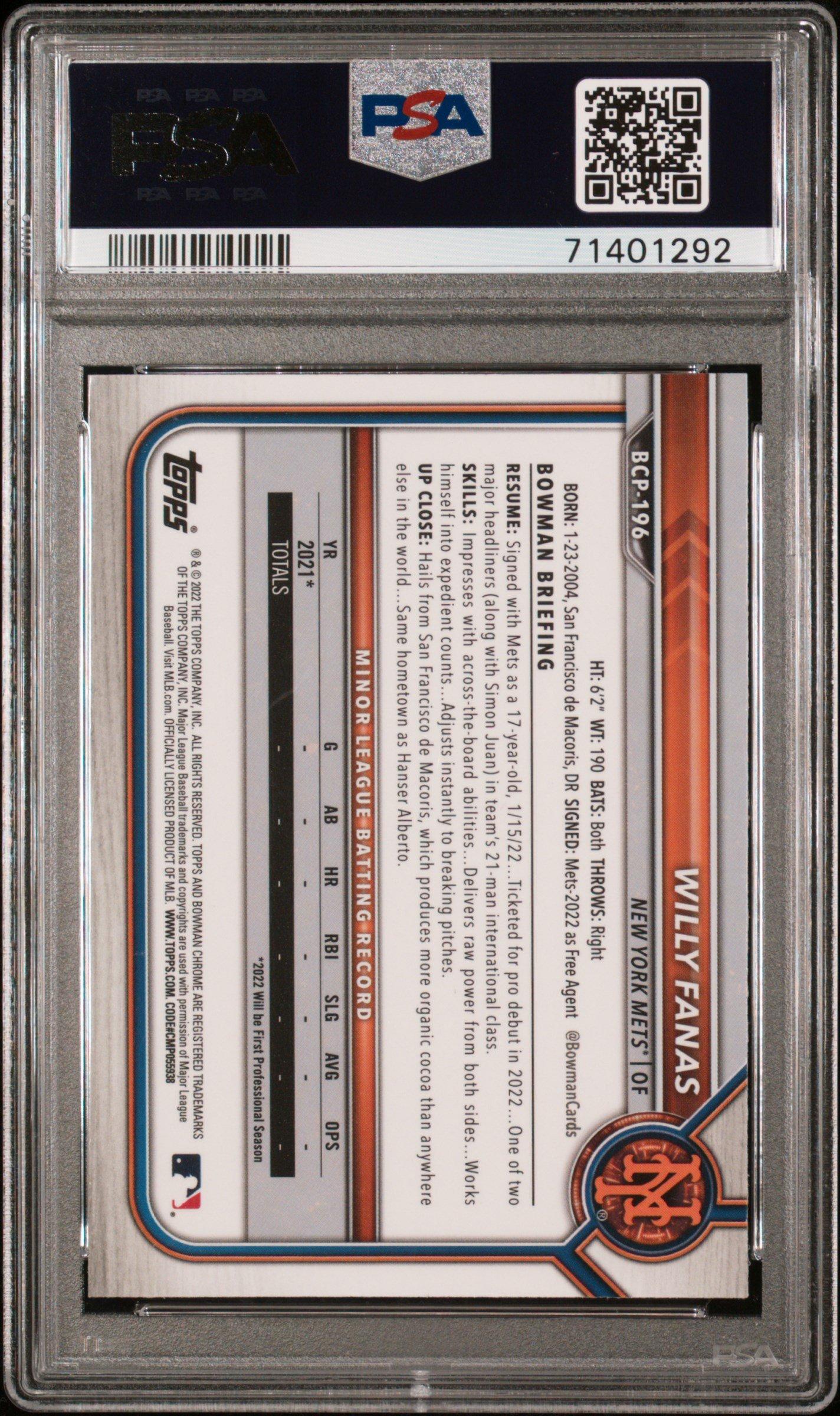 2022 Bowman Mega Box Chrome 196 Willy Fanas PSA 9