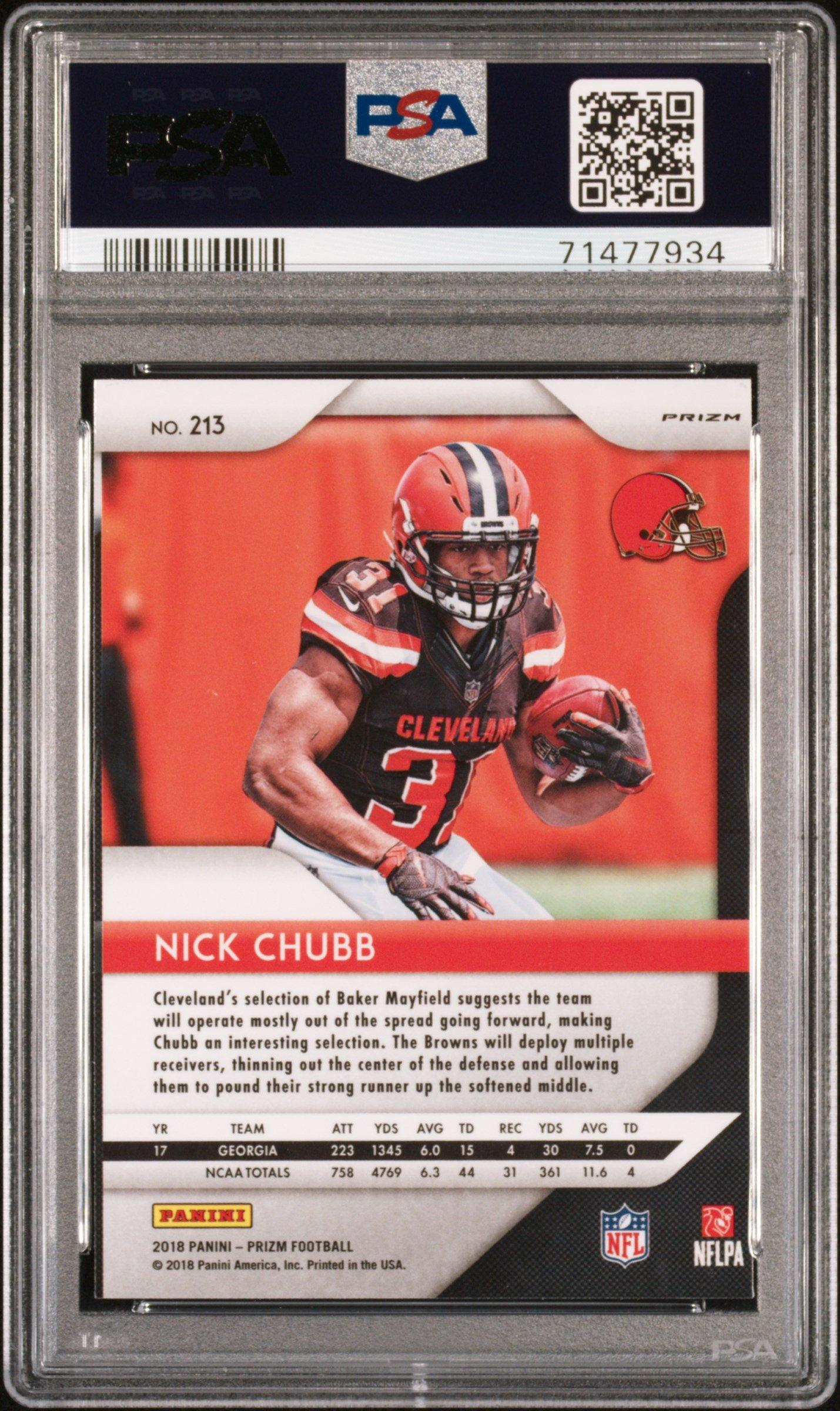 2018 Panini Prizm 213 Nick Chubb Neon Green Pulsar PSA