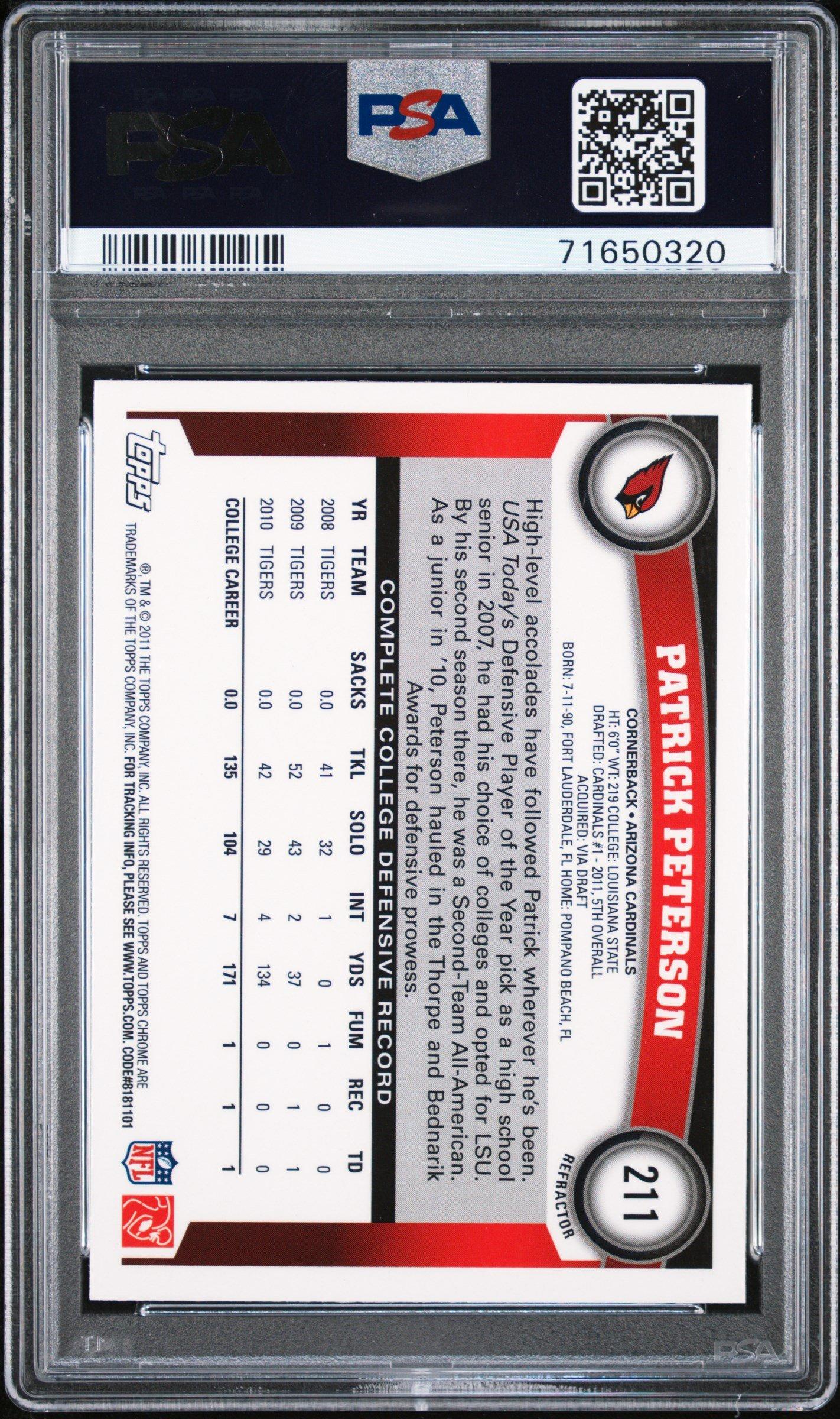2011 Topps Chrome 211 Patrick Peterson Xfractor PSA 10