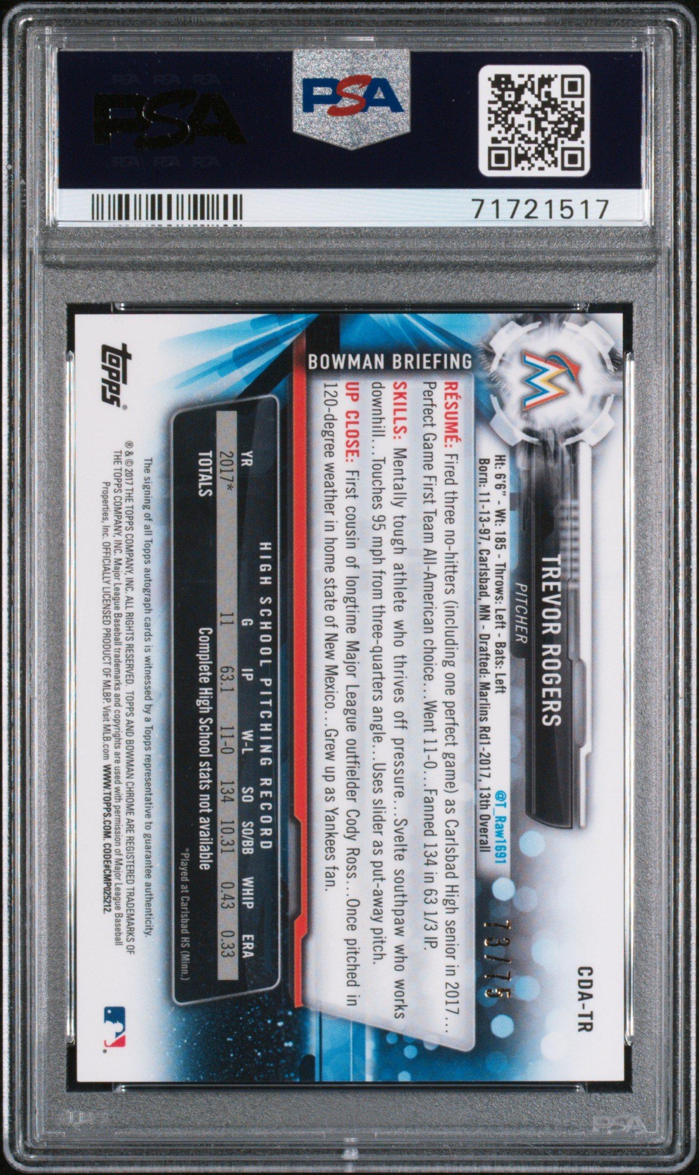 2017 Bowman Draft Chrome Draft Picks Autographs Cdatr Trevor Rogers Black Refractor PSA 10