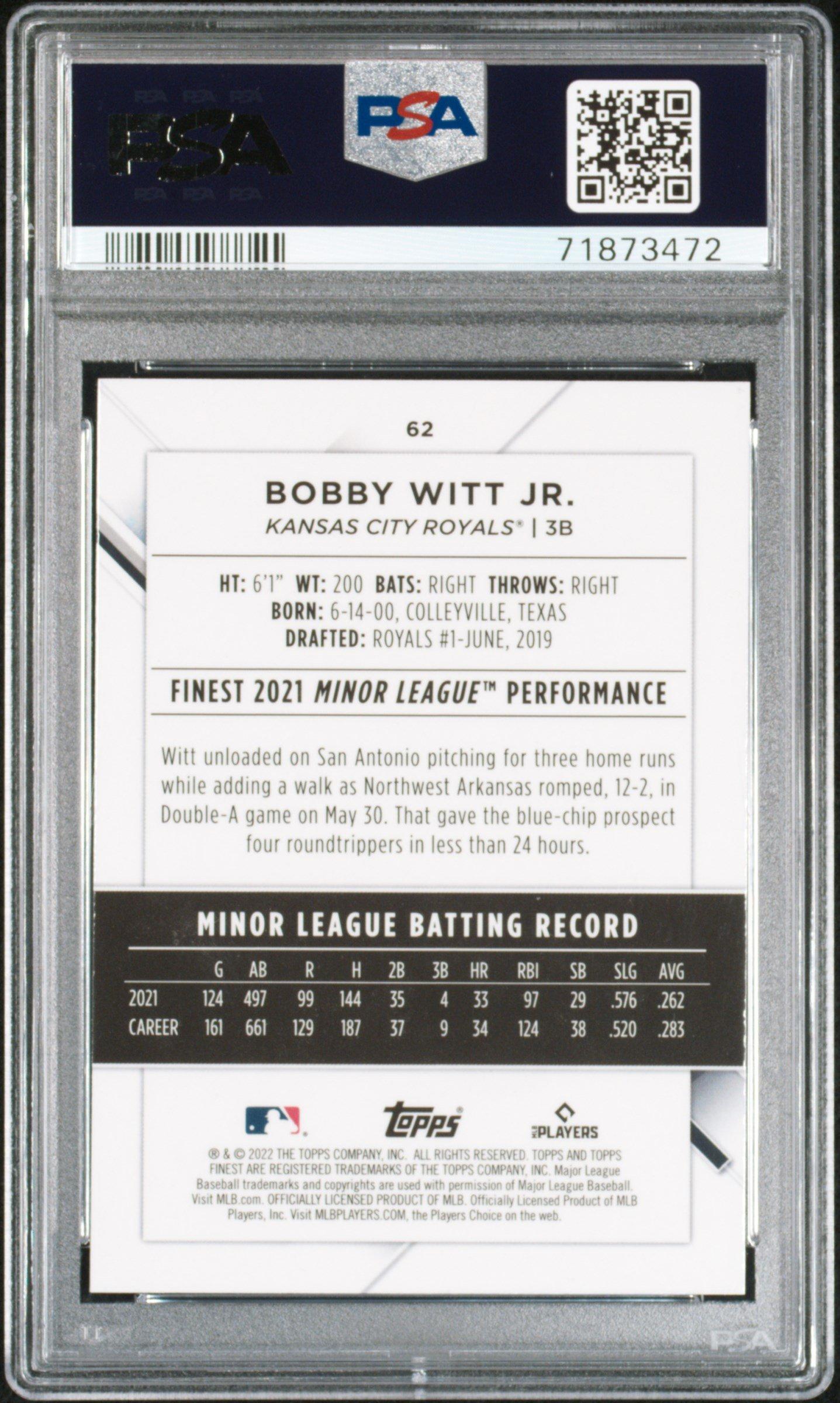 2022 Topps Finest 62 Bobby Witt Jr. PSA 10