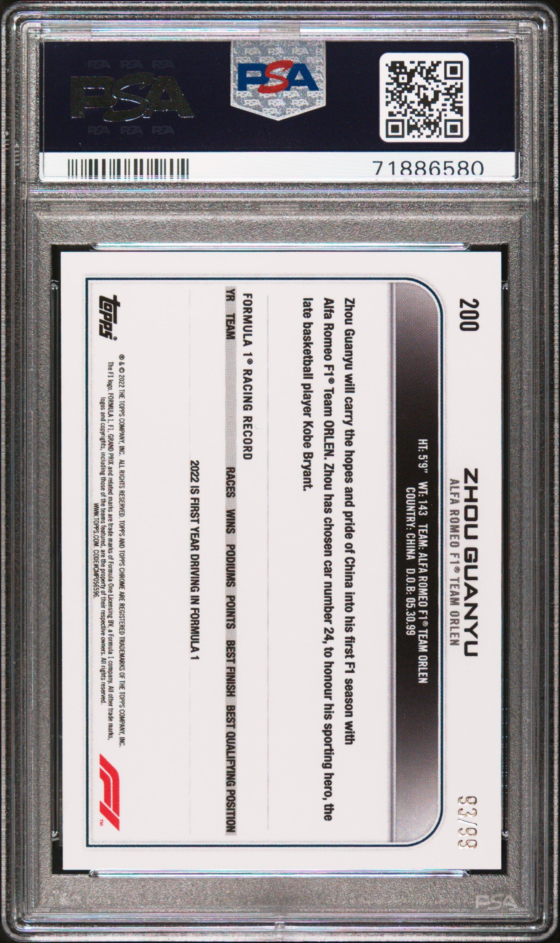 2022 Topps Chrome Formula 1 200 Zhou Guanyu Green Refractor PSA 10