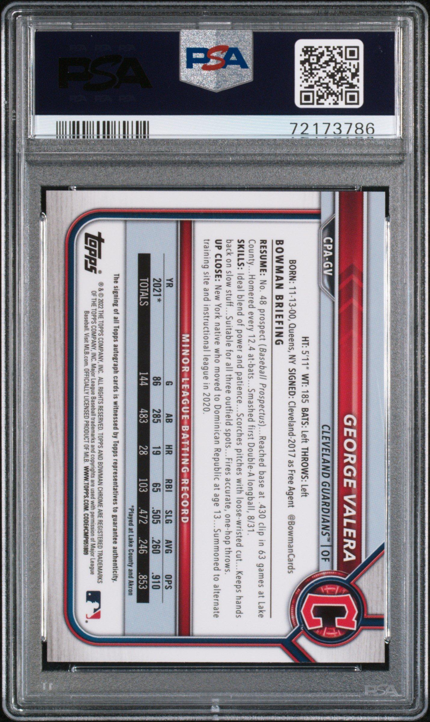 2022 Bowman Chrome Prospect Autographs Cpagv George Valera PSA