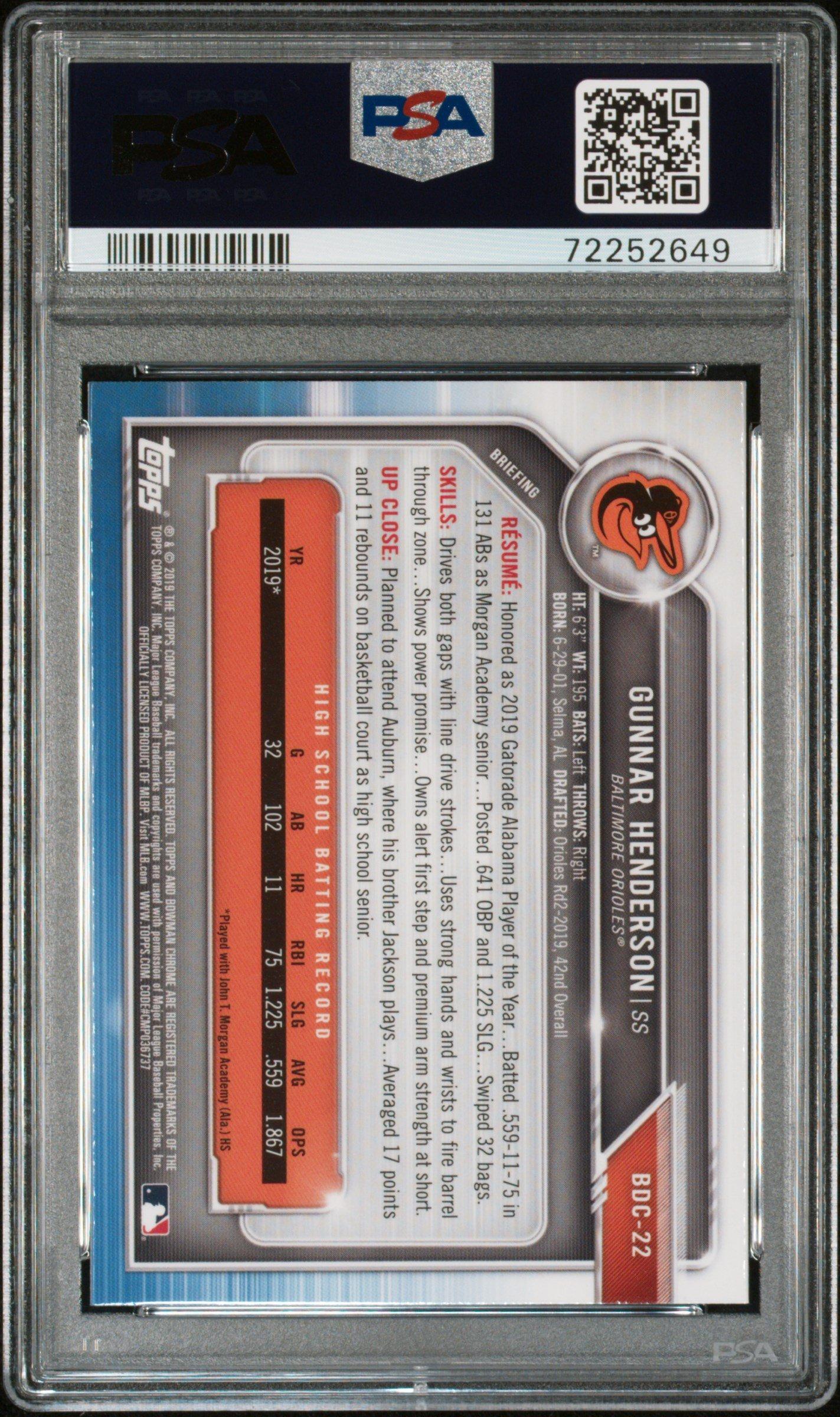 2019 Bowman Draft Bdc22 Gunnar Henderson Chrome PSA 10