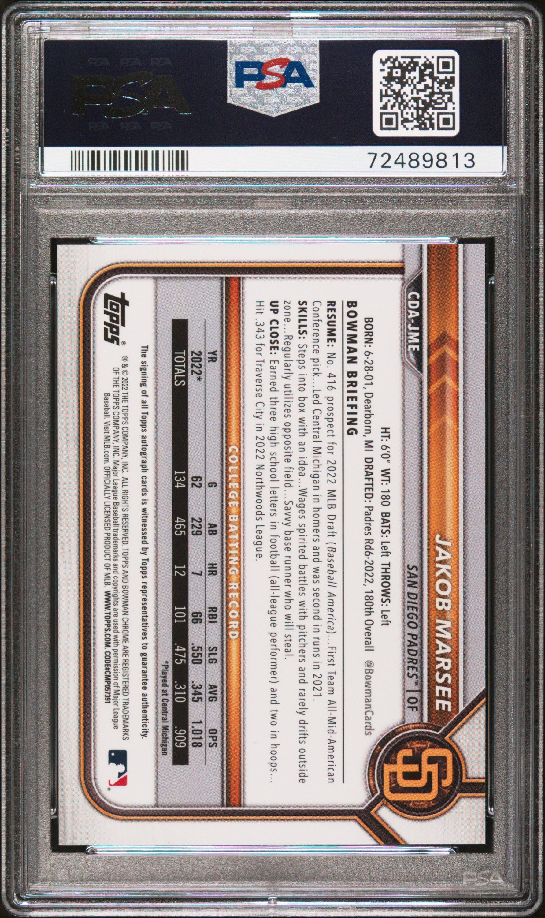 2022 Bowman Draft Chrome Draft Pick Autographs Cdajme Jakob Marsee Aqua Lava Refractor PSA 9