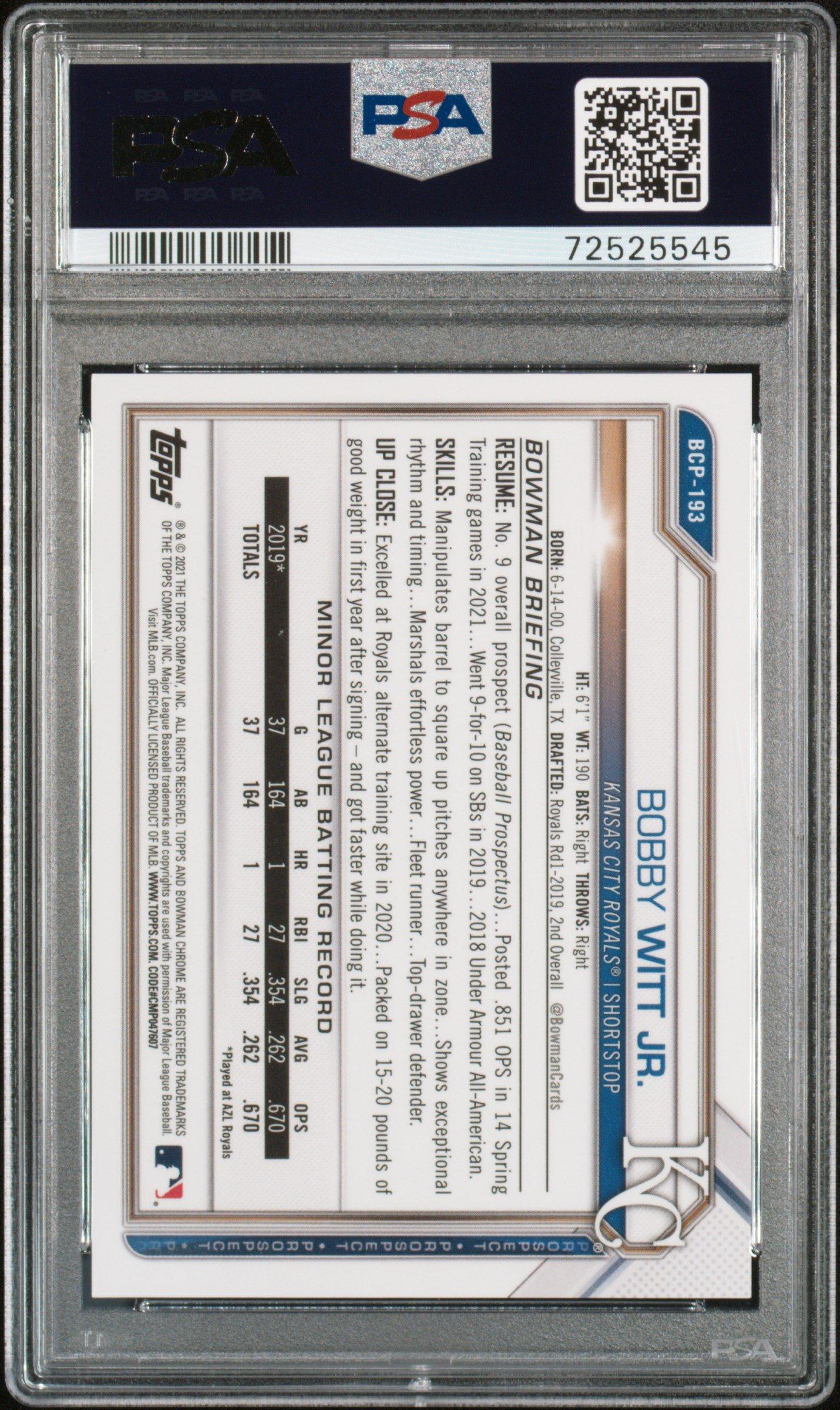 2021 Bowman Chrome Prospects Bcp193 Bobby Witt Jr. Fuchsia Refractor PSA 9