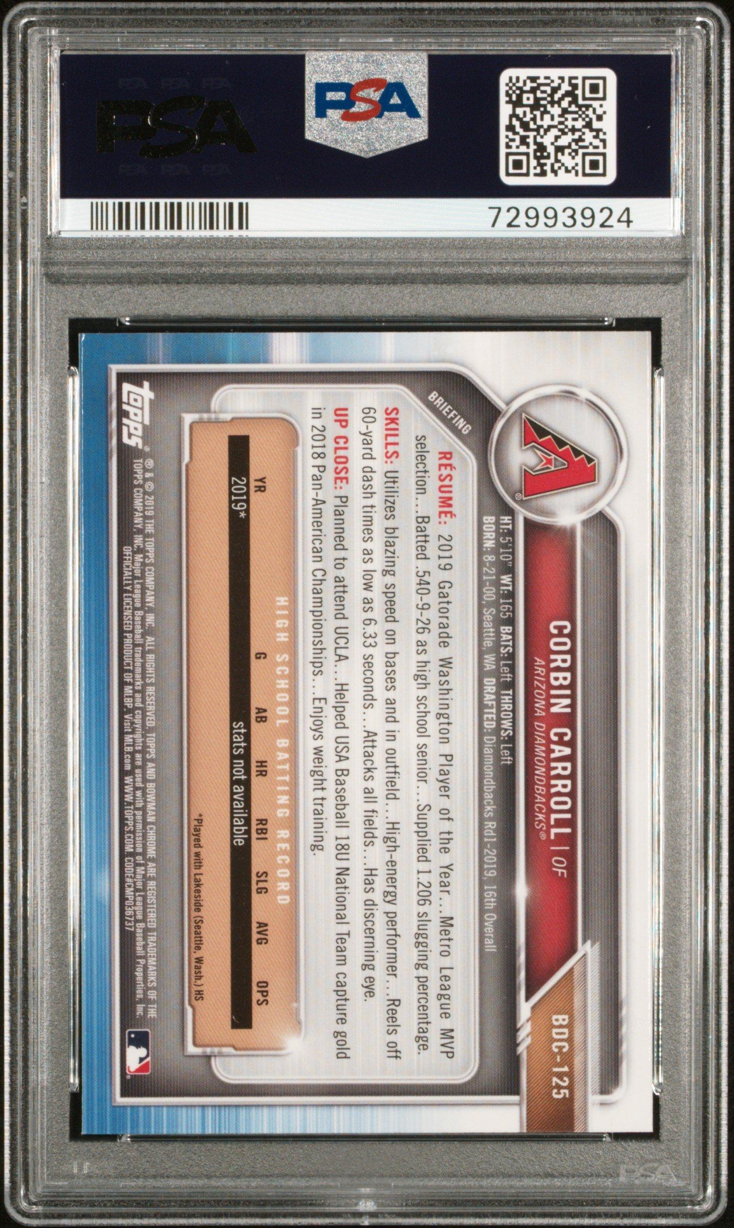 2019 Bowman Draft Bdc125 Corbin Carroll Chrome PSA 10