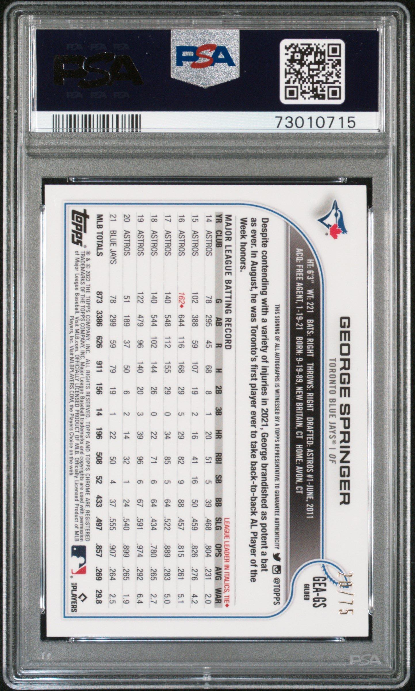 2022 Topps Gilded Collection Topps Chrome Gold Etch Autographs Gs George Springer PSA 9