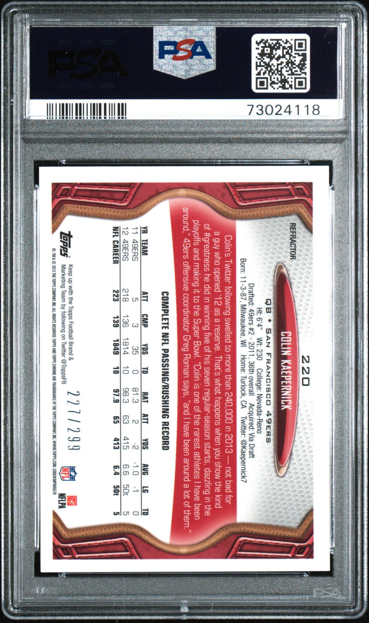 2013 Topps Chrome 220 Colin Kaepernick Black Refractor PSA 9