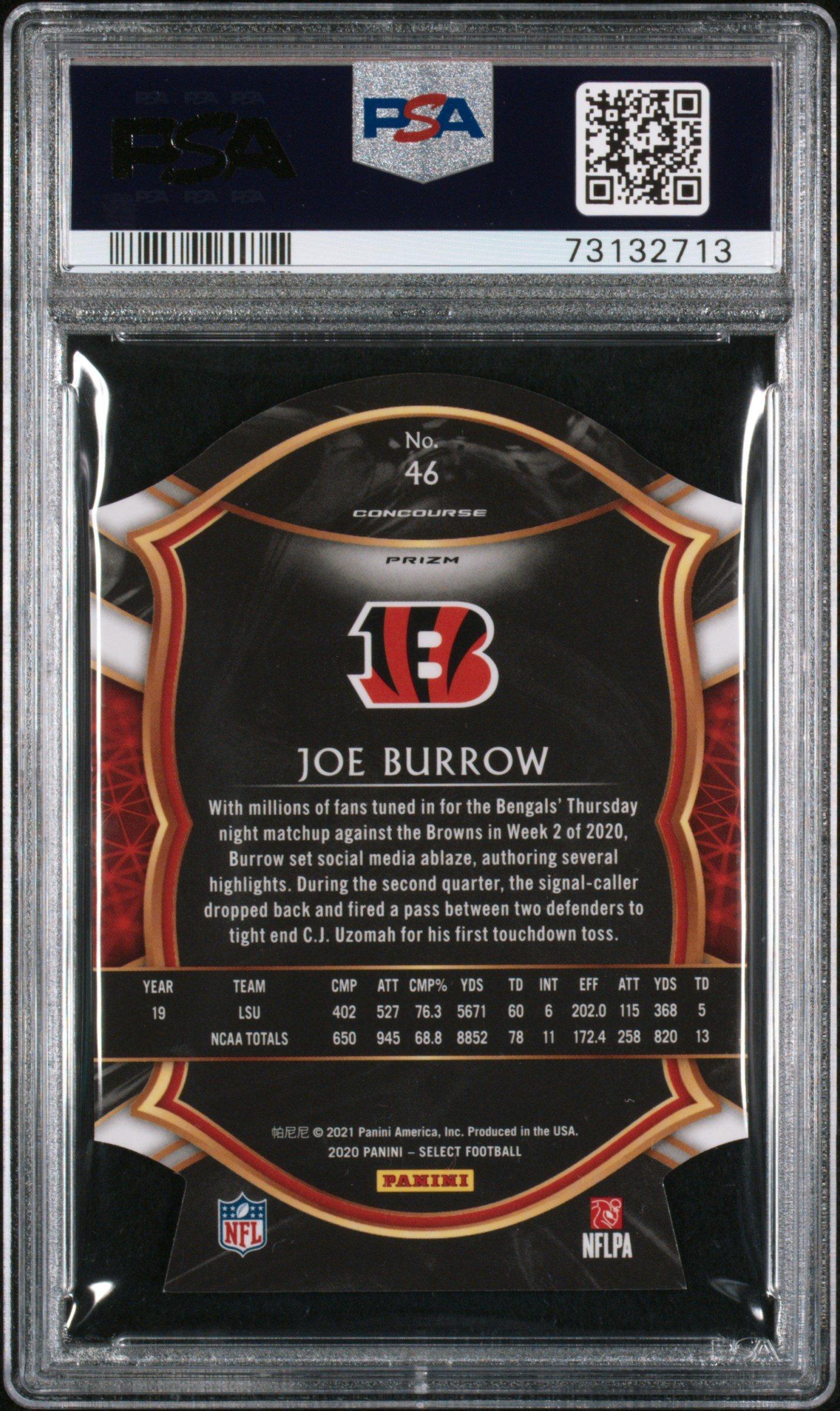 2020 Panini Select 46 Joe Burrow Die-cut Purple Prizm PSA 9