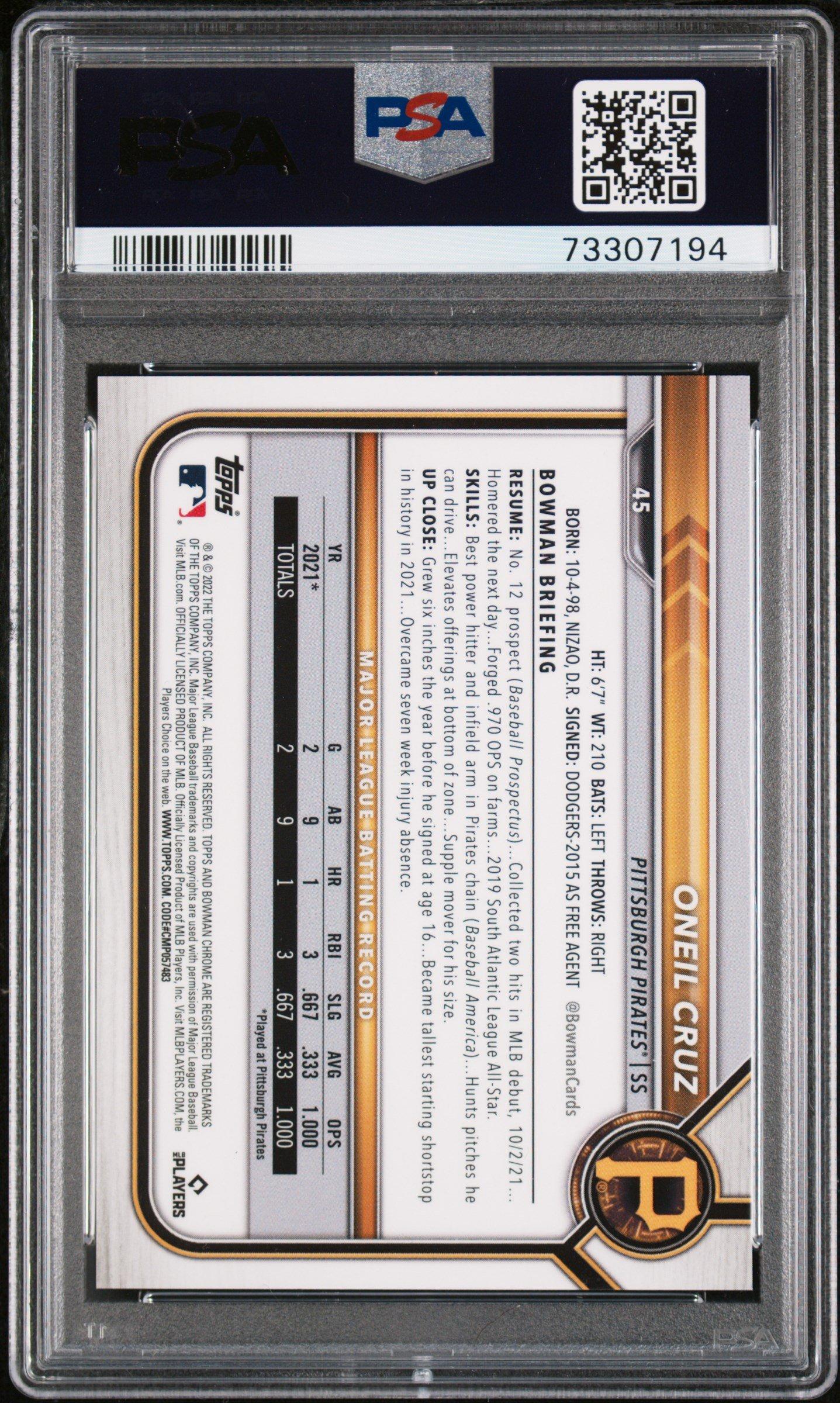 2022 Bowman Chrome Sapphire Edition 45 Oneil Cruz Orange PSA 9