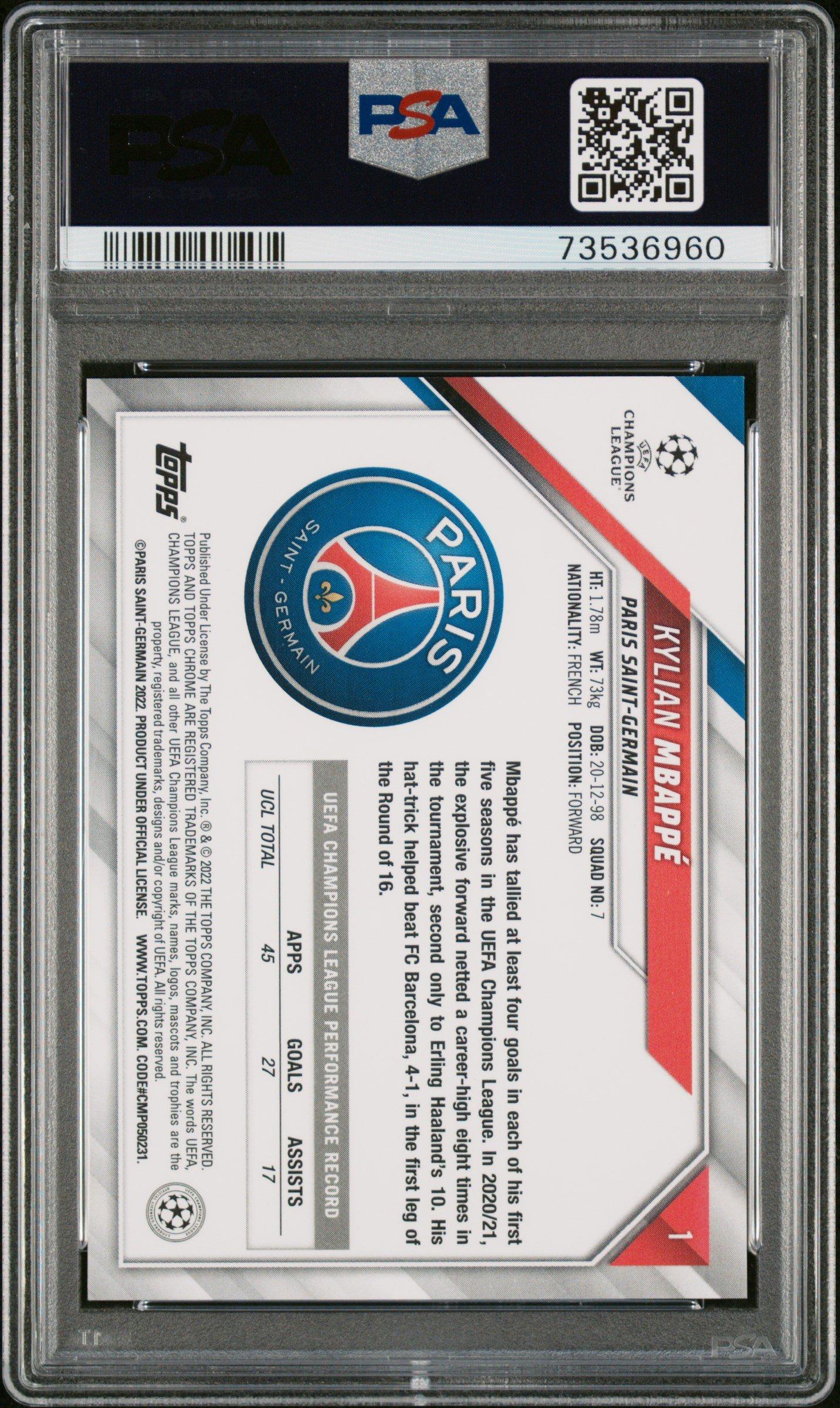 2021 Topps Chrome Uefa Champions League 1 Kylian Mbappe Speckle Refractor PSA 10