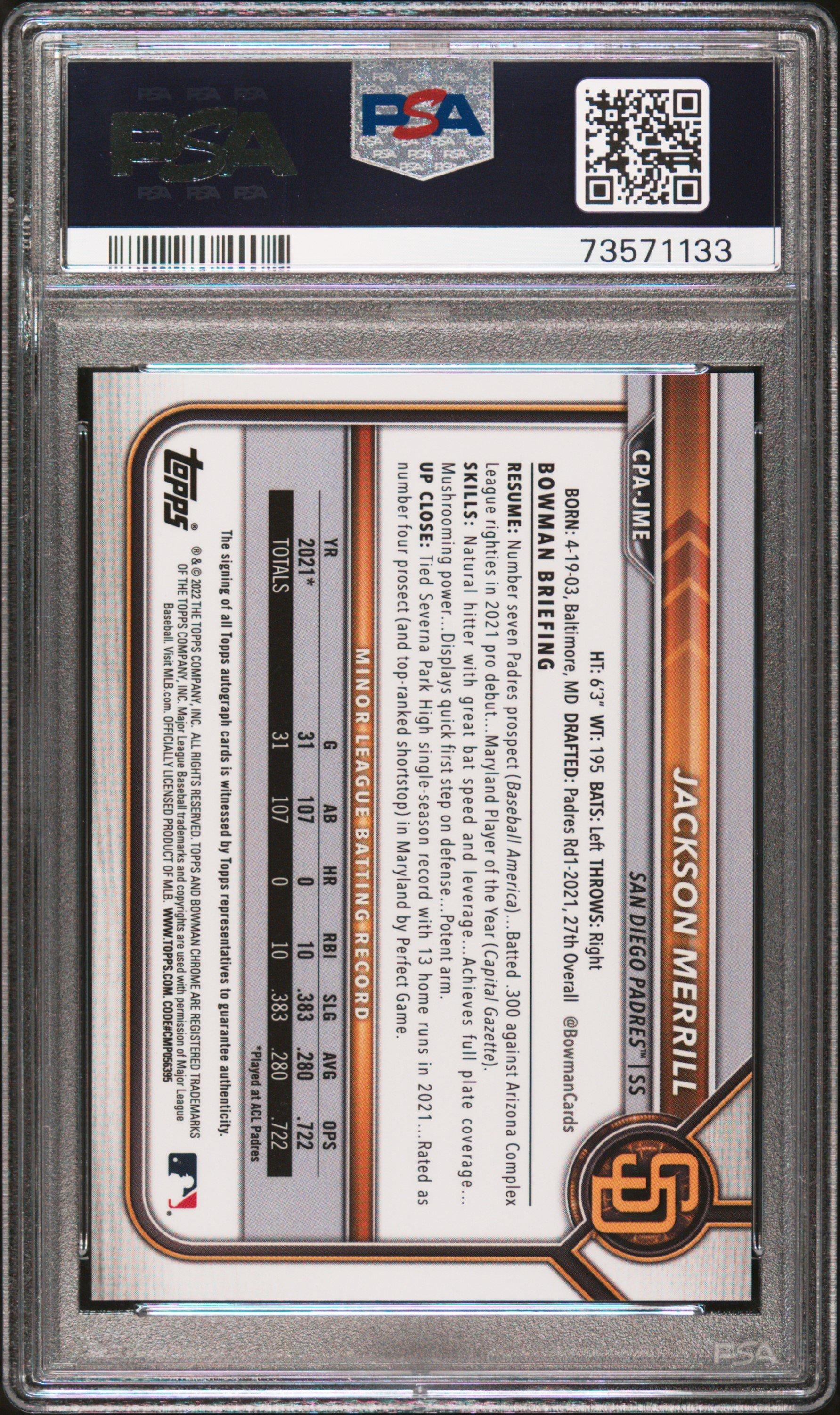 2022 Bowman Chrome Prospect Autographs Cpajme Jackson Merrill PSA 10