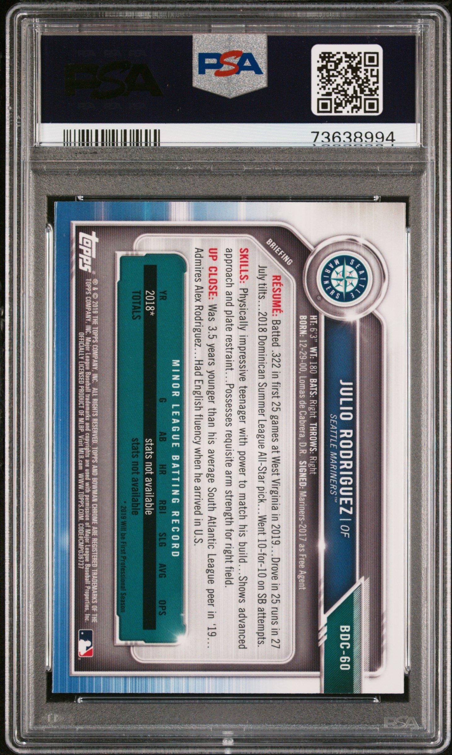 2019 Bowman Draft Bdc60 Julio Rodriguez Chrome PSA 10 Graded Card