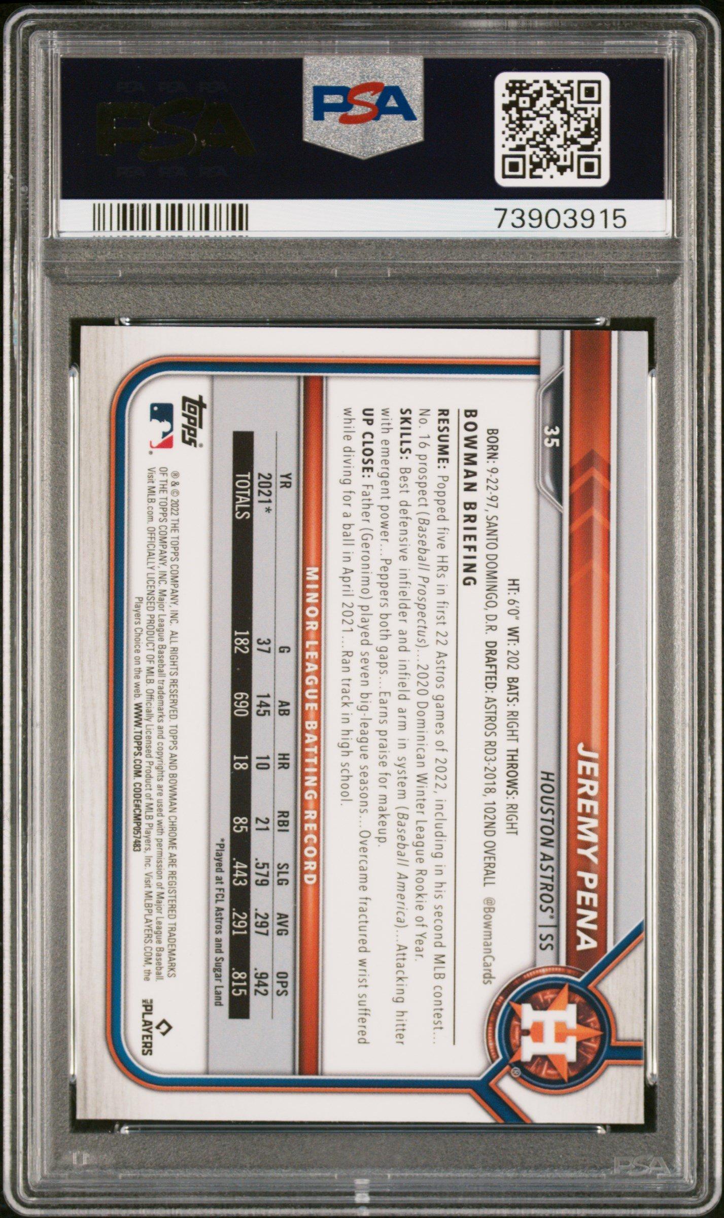 2022 Bowman Chrome Sapphire Edition 35 Jeremy Pena PSA 10