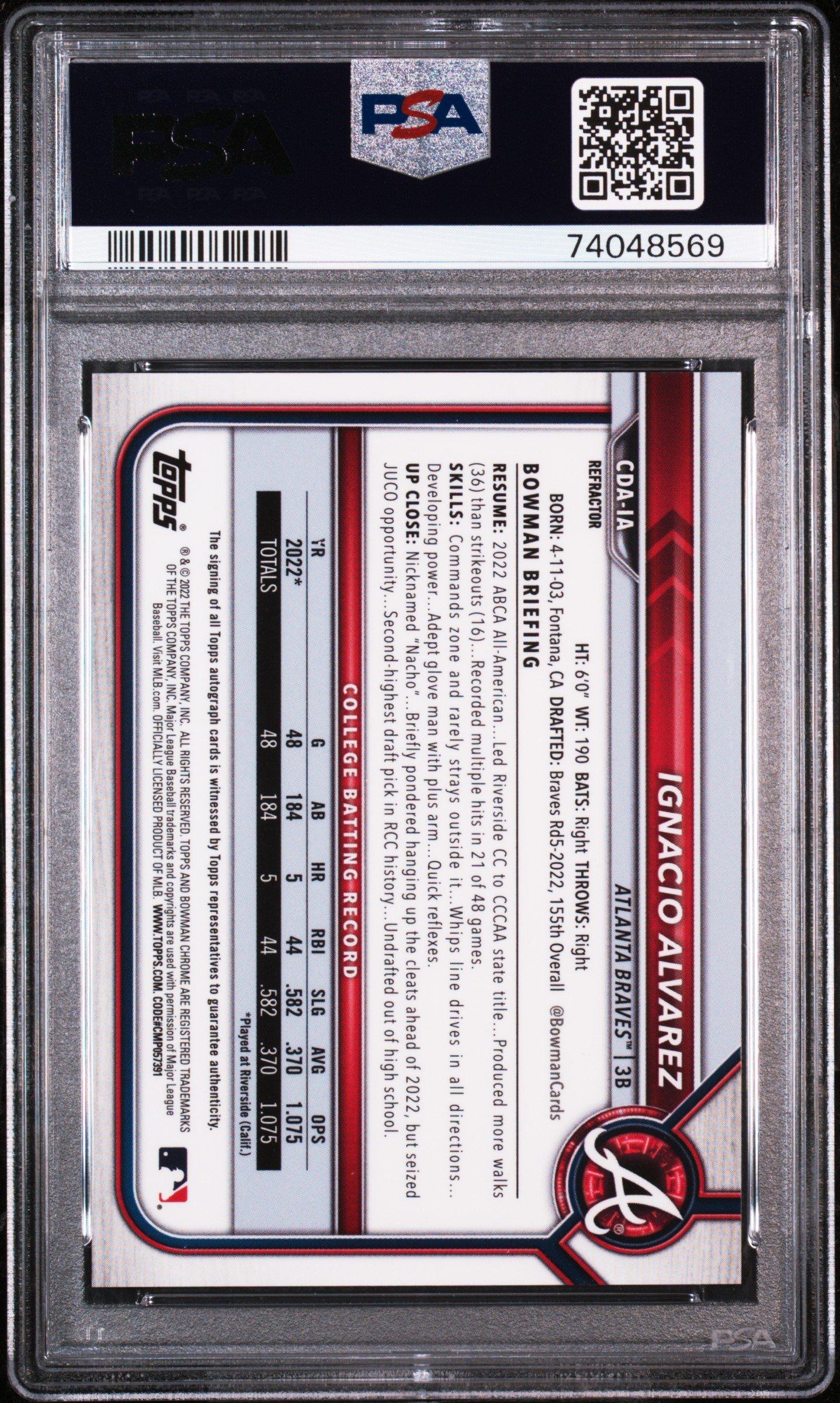 2022 Bowman Draft Chrome Draft Pick Autographs Cdaia Ignacio Alvarez Refractor PSA 10
