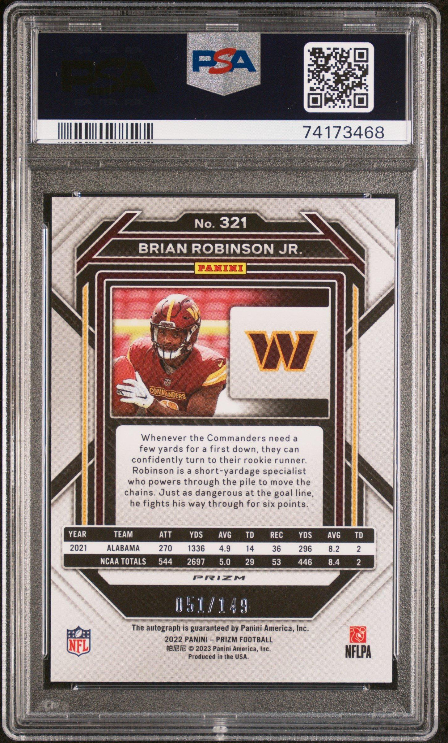2022 Panini Prizm 321 Brian Robinson Jr Autograph-red Wave PSA 10