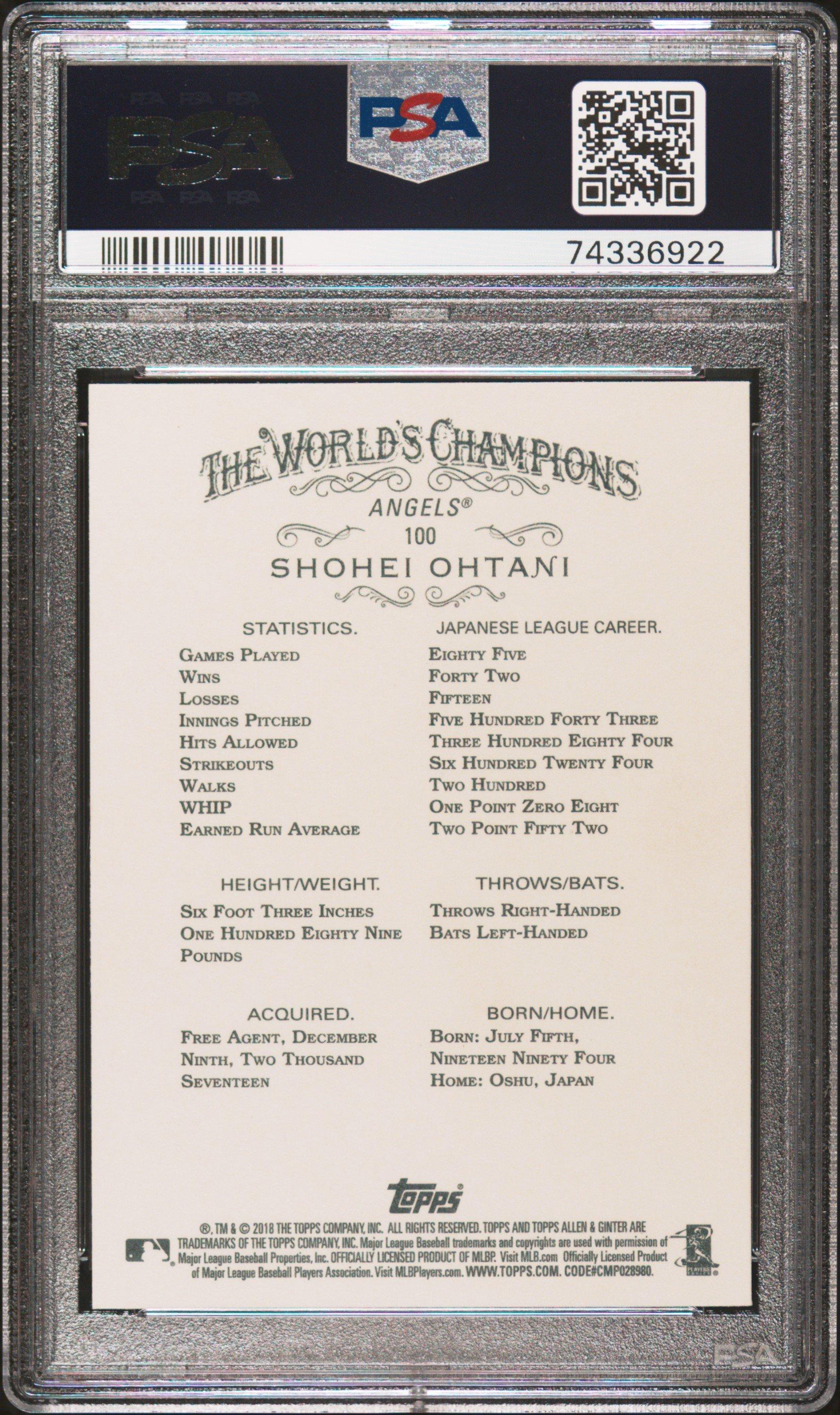 2018 Topps Allen & Ginter 100 Shohei Ohtani PSA 10