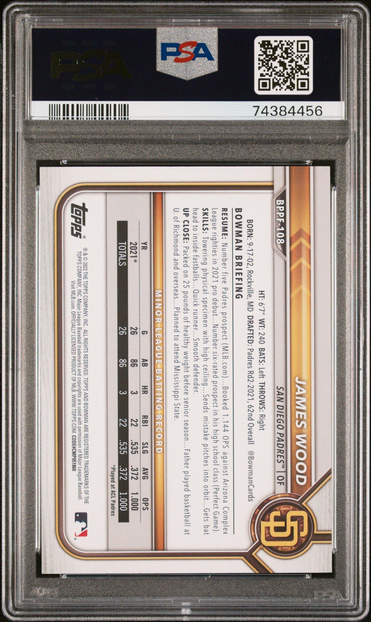 2022 Bowman 1st Edition Bppf108 James Wood Yellow Foil PSA 10