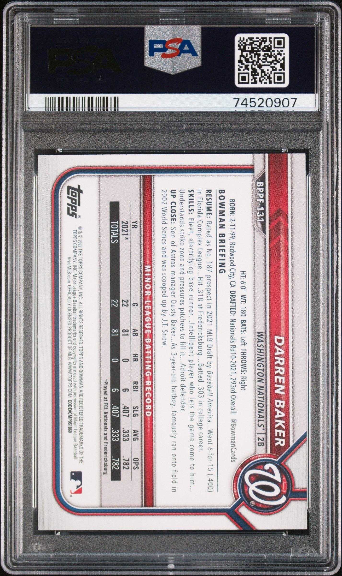 2022 Bowman 1st Edition Bppf131 Darren Baker Gold Foil PSA 10