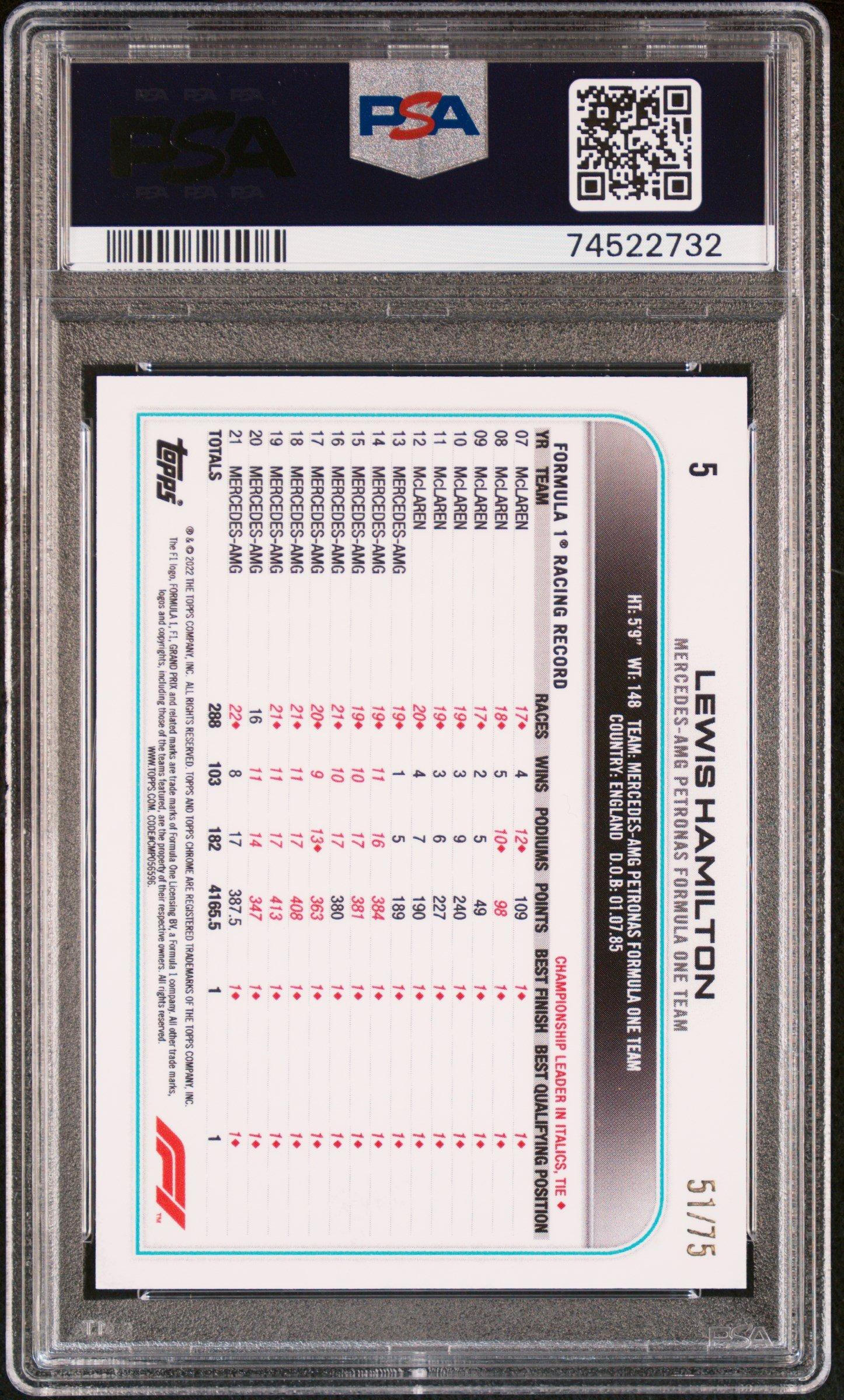 2022 Topps Chrome Formula 1 5 Lewis Hamilton Pink Raywave Refractor PSA 10