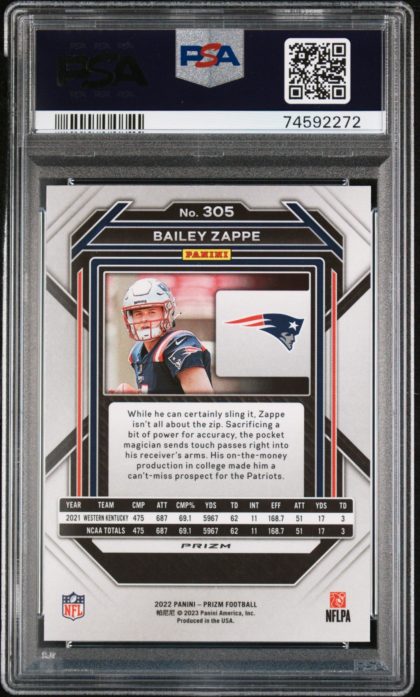 2022 Panini Prizm 305 Bailey Zappe Silver Prizm PSA 10